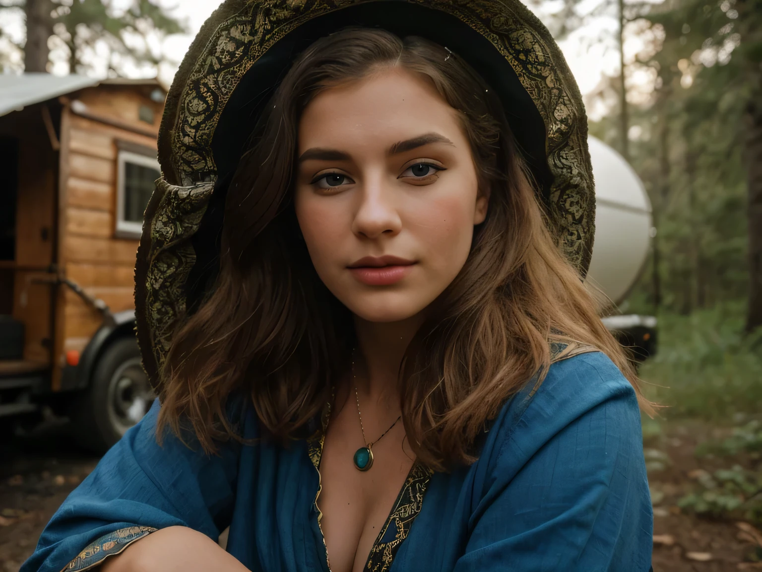 a young caucasian woman with beautiful detailed blue eyes, curled blonde hair, dressed as a gypsy snake charmer, sitting in a pacific northwest forest clearing, next to a gypsy wagon, lute, with a fire burning nearby, (best quality,4k,8k,highres,masterpiece:1.2),ultra-detailed,(realistic,photorealistic,photo-realistic:1.37),intricate details,vibrant colors,dramatic lighting,cinematic composition,fantasy portrait, hyperrealistic