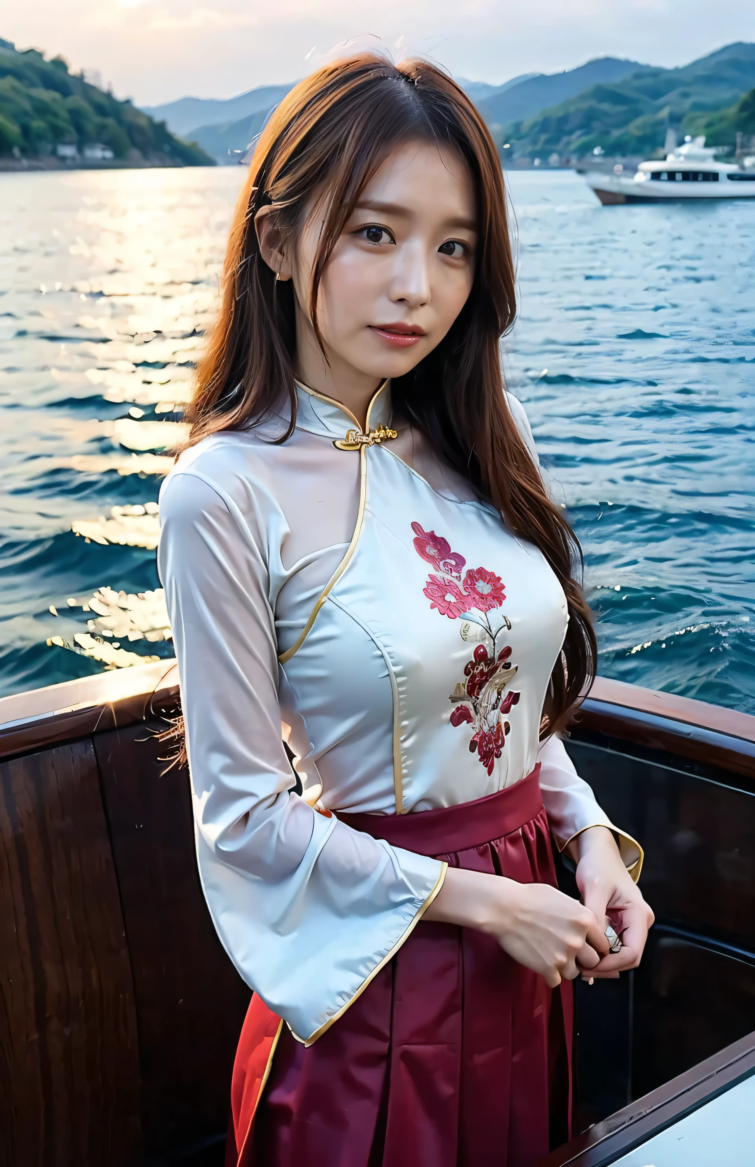 The sky turns red、((hair ornaments:1.5)).A gorgeous gold embroidered Chinese dress、hair ornaments、Tie your hair elegantly、Gorgeous silk cheongsam、((Standing on a boat and posing sexy、Luxurious and shiny wine red Chinese dress with embroidered long skirt:1.4)).A luxurious and shiny silk cheongsam、A luxurious navy blue cheongsam with embroidery、Woman standing on a boat、Light brown hair、Elegant hairstyle、Blue Eyed Woman、A woman with a cute upward gaze、When the sky gets dark、The gentle light of the ship shines、The sky turns red as the sun sets、Tight clothing that shows your body lines、、Elegant navy blue summer knit、Elegant black summer sweater、Short skirt、Dress elegantly着こなす、Luxury Bagedium Shorthair:1.4))、Skyscrapers seen across the sea、Manhattan 私sland is visible offshore、Woman on a sightseeing boat、、The sun shines on her、Light brown hair、Light brown hair、The sky was dyed red、There are clouds、private's cute、An elegantly dressed woman is sitting on a boat and watching the sunset、Her ample breasts are obvious even through her clothes..、The shining sun is so beautiful、Dusk is approaching、Lens flare、I can see the sunset、((Sunlight reflecting off the ocean、Ocean View、The sun shines on the sea、'beautiful.、Small earrings、private'evening、Birds are also flying、、Brown Hair Color、Tying up hair、The woman is on the right:1.4))、Luxury Leather Belts、Shiny clothes、Light beige hair color、Background Blur、Braid only the front hair、Light brown hair、{{Cowgirl Shot}}、((Close-up shot from the waist up、Ample breasts:1.4))、Smile、Silk clothing、Ample breasts that can be seen even through clothes、Braid only the front hair、Cowboy Shot、Gorgeous white collared silk shirt and brown skirt、Dress elegantly、Luxury Bags、A lovely smile、((Ample breasts))、Full body photo、ring、Short skirt、Tuck your hair behind one ear、Silver Necklace、smile、 Elegant ponytail、Caustics、Highly detailed photos、Very beautiful and ideal short hair、Super no makeup、(8k、RAW Photos、highest quality、masterpiece:1.2)、(Realistic、Realistic)、1 girl、((Medium Short Hair、Looking into the camera:1.4))、Hair blowing in the wind