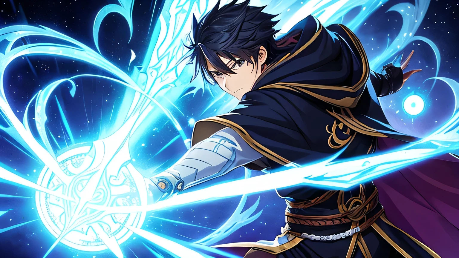 Manga illustration of a male character in an isekai anime. He is a young and powerful wizard, with an intense and determined expression. He wears a stylish hoodie and a flowing cape that flutters in the wind, giving him a mysterious and heroic aura. His attire combines modern and fantasy elements, with intricate magical symbols on his clothing. The background is a vibrant and fantastical world, with mystical landscapes and ancient ruins, enhancing the isekai theme. The art style is detailed and dynamic, capturing the essence of traditional manga with sharp lines and expressive features."