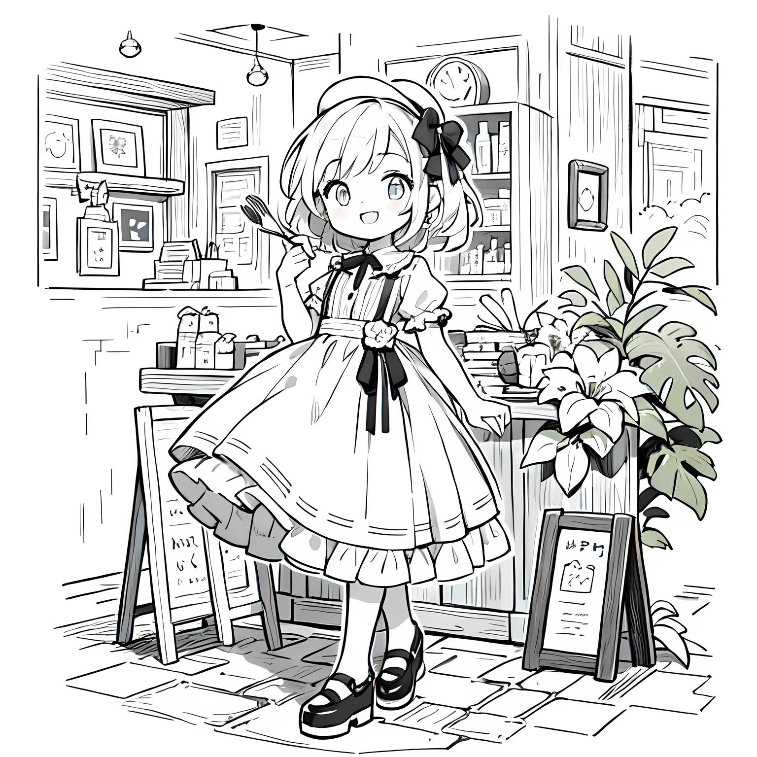 Line art background, background, Monochrome, Line art, ((sketch)),Highest , 2. Colorinochrome、 quality,masterpiece,monochrome,Lineart,single color,Create a detailed coloring page,（masterpiece）、(highest quality)、Young Girl、smile、An anime girl in a dress 、Splash art anime , In a dress, cute art style, Pixiv, sweets, Detailed fan art,(Cute illustration:1.3)、to you:1.3,Absurd, High resolution、 (white:1.25) hair, (smile, Happy:1.2),A neat pose,Girl with fork brake (alone:1.1), (Cute illustration:0.5),(Fluffy illustration:0.8), One Girl、smile with open mouth、Beautifully detailed、Haze
Detailed background、One Girl、Charming smile、Beautifully detailed、Haze、marble、Particles of light、pattern、
Detail view、Intricate details、Delicate depiction、Illuminate、Drink melon soda、
Beautiful Faces、Light-colored eyes、Wearing intricate and delicate jewelry、Shining Aura,One Girl, Round eyes, Big anime eyes, Students in a circle, , Pixie Cut, smile, Small breasts, (lolita dress, mini skirt, stockings, Platform Shoes,Girl 1 person、Absurd, High resolution,break
Happy, smile:1.2), Food Photography, cafe break、Pure Cafe、The background is coffee shop retro、Drinking melon soda at a coffee shop、Hair is half up