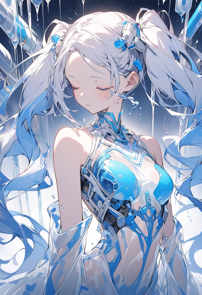 Intricate illustration in imaginative and cybertic surrealist art style,Translucent blue twin tails Ether Machine Girl From a large culture tank The culture medium has been removed and the body is exposed.bust, blue and white mechanical body,A blue tube that looks like a blood vessel Connected to the neck and back,The clear blue culture solution is in the tank up to theshoulders.
The tube is connected to a machine outside the tank.The girl closes her eyes and looks down.A depiction of a girl soaked in culture fluid,side shot