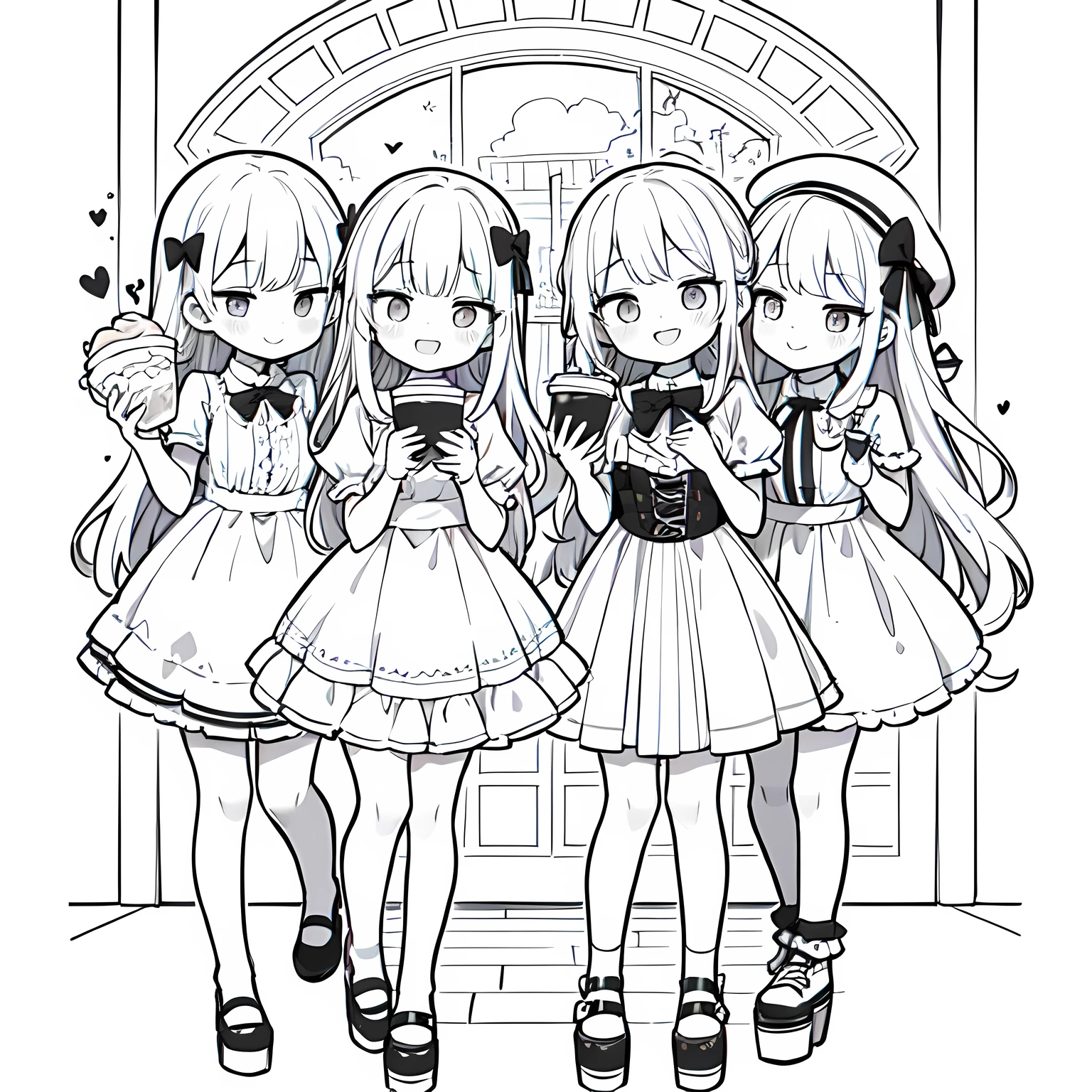 Line art background, background, Monochrome, Line art, ((sketch)),Highest , 2. Colorinochrome、 quality,masterpiece,monochrome,Lineart,single color,Create a detailed coloring page,（masterpiece）、(highest quality)、Young Girl、smile、An anime girl in a dress 、Splash art anime , In a dress, cute art style, Pixiv, sweets, Detailed fan art,(Cute illustration:1.3)、to you:1.3,Absurd, High resolution、 (white:1.25) hair, (smile, Happy:1.2),A neat pose,Girl with fork brake (alone:1.1), (Cute illustration:0.5),(Fluffy illustration:0.8), One Girl、smile with open mouth、Beautifully detailed、Haze
Detailed background、One Girl、Charming smile、Beautifully detailed、Haze、marble、Particles of light、pattern、
Detail view、Intricate details、Delicate depiction、Illuminate、Drink melon soda、
Beautiful Faces、Light-colored eyes、Wearing intricate and delicate jewelry、Shining Aura,One Girl, Round eyes, Big anime eyes, Students in a circle, , Pixie Cut, smile, Small breasts, (lolita dress, mini skirt, stockings, Platform Shoes,Girl 1 person、Absurd, High resolution,break
Happy, smile:1.2), Food Photography, cafe break、Pure Cafe、The background is coffee shop retro、Drinking melon soda at a coffee shop、Hair is half up