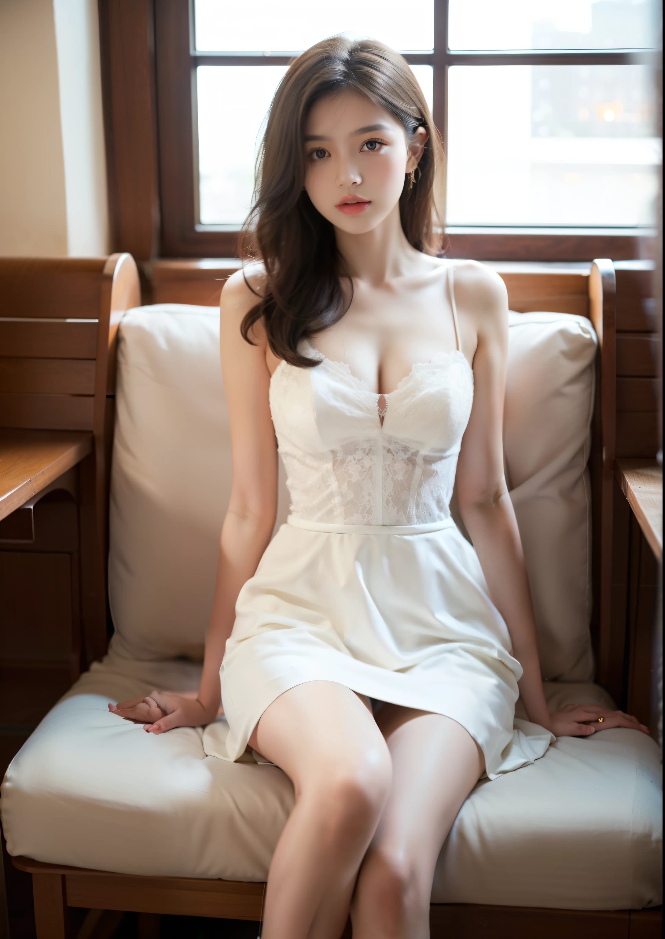 Beautiful 25 year old tall and slender woman。perfect legs. perfect face. She is fashion model. She is staying in the old classic church. She is wearing a wedding dress. Her one leg is visible and the other is hidden by the dress. She is illuminated by sunset light. the evening church lights is on . her dark brawn hair. High resolution、masterpiece、highest quality、頭w:1.0、((Hasselblad Photos))、fine skin、(movie lighting)、clavicle . full body picture.