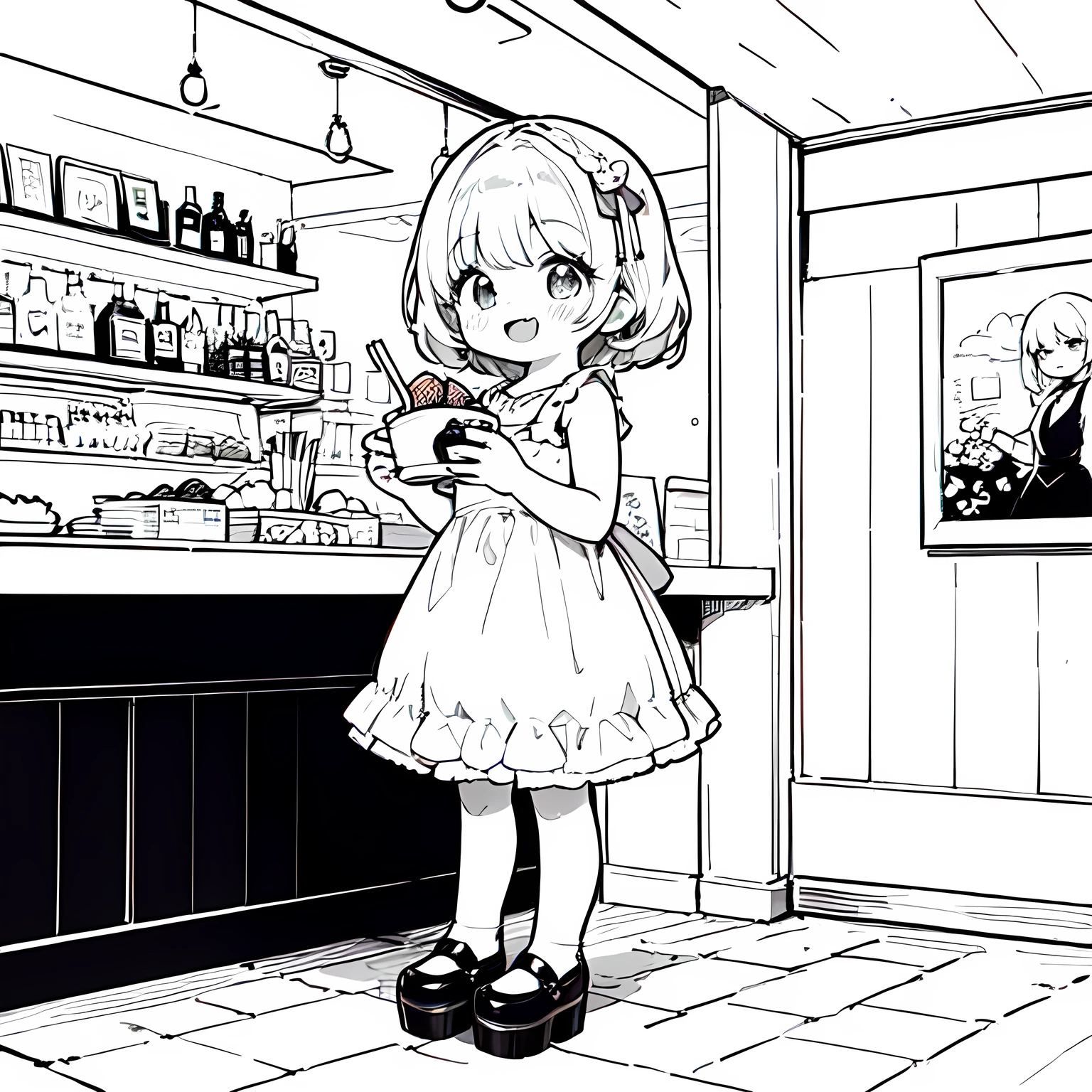 Line art background, background, Monochrome, Line art, ((sketch)),Highest , 2. Colorinochrome、 quality,masterpiece,monochrome,Lineart,single color,Create a detailed coloring page,（masterpiece）、(highest quality)、Young Girl、smile、An anime girl in a dress 、Splash art anime , In a dress, cute art style, Pixiv, sweets, Detailed fan art,(Cute illustration:1.3)、to you:1.3,Absurd, High resolution、 (white:1.25) hair, (smile, Happy:1.2),A neat pose,Girl with fork brake (alone:1.1), (Cute illustration:0.5),(Fluffy illustration:0.8), One Girl、smile with open mouth、Beautifully detailed、Haze
Detailed background、One Girl、Charming smile、Beautifully detailed、Haze、marble、Particles of light、pattern、
Detail view、Intricate details、Delicate depiction、Illuminate、Drink melon soda、
Beautiful Faces、Light-colored eyes、Wearing intricate and delicate jewelry、Shining Aura,One Girl, Round eyes, Big anime eyes, Students in a circle, , Pixie Cut, smile, Small breasts, (lolita dress, mini skirt, stockings, Platform Shoes,Girl 1 person、Absurd, High resolution,break
Happy, smile:1.2), Food Photography, cafe break、Pure Cafe、The background is coffee shop retro、Drinking melon soda at a coffee shop、Hair is half up