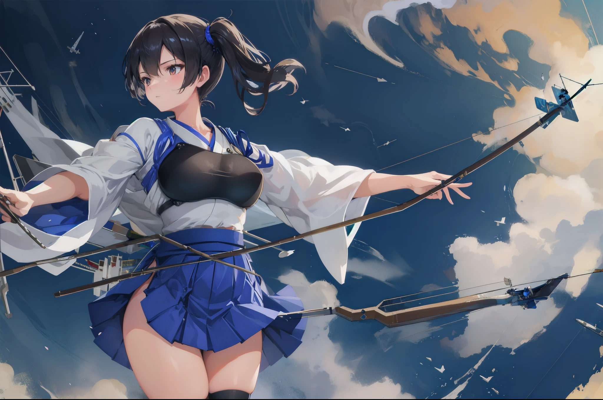 Kaga(Fleet Collection),highest quality, masterpiece, High resolution,kimono,blue skirt,side ponytail,big_breasts,solo,Japanese_bow&arrow,dynamic_posing,half_eyes,solo
