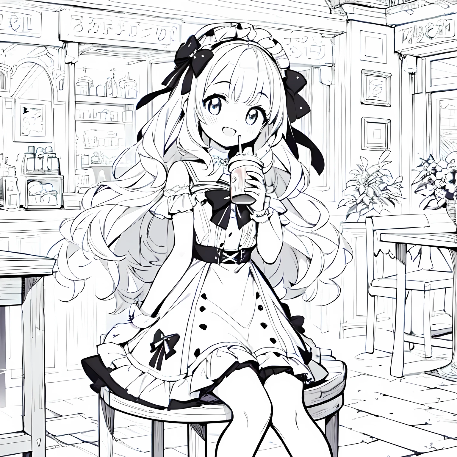 Line art background, background, Monochrome, Line art, ((sketch)),Highest , 2. Colorinochrome、 quality,masterpiece,monochrome,Lineart,single color,Create a detailed coloring page,（masterpiece）、(highest quality)、Young Girl、smile、An anime girl in a dress 、Splash art anime , In a dress, cute art style, Pixiv, sweets, Detailed fan art,(Cute illustration:1.3)、to you:1.3,Absurd, High resolution、 (white:1.25) hair, (smile, Happy:1.2),A neat pose,Girl with fork brake (alone:1.1), (Cute illustration:0.5),(Fluffy illustration:0.8), One Girl、smile with open mouth、Beautifully detailed、Haze
Detailed background、One Girl、Charming smile、Beautifully detailed、Haze、marble、Particles of light、pattern、
Detail view、Intricate details、Delicate depiction、Illuminate、Drink melon soda、
Beautiful Faces、Light-colored eyes、Wearing intricate and delicate jewelry、Shining Aura,One Girl, Round eyes, Big anime eyes, Students in a circle, , Pixie Cut, smile, Small breasts, (lolita dress, mini skirt, stockings, Platform Shoes,Girl 1 person、Absurd, High resolution,break
Happy, smile:1.2), Food Photography, cafe break、Pure Cafe、The background is coffee shop retro、Drinking melon soda at a coffee shop、Hair is half up