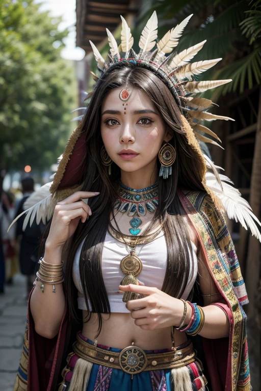 una caricatura de una mujer disfrazada de plumas, sacerdotisa maya, she is dressed in shaman clothes, JRPG Aztec Street Fashion, magician's robe based on a toucan, diosa guerrera azteca, girl harpy inka, cuerpo completo con disfraz, diosa del sol azteca, reina azteca, epic 3 d yemaya, concepto de cuerpo completo, emperatriz azteca