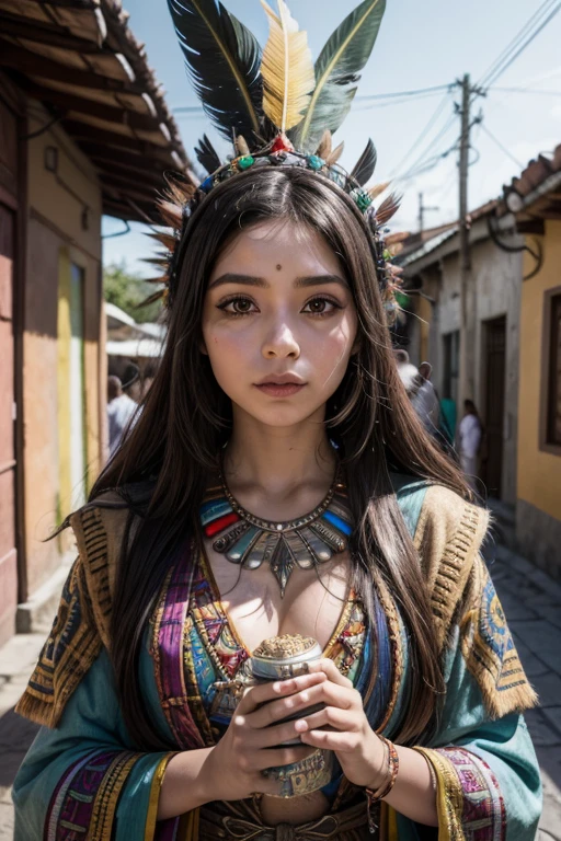 una caricatura de una mujer disfrazada de plumas, sacerdotisa maya, she is dressed in shaman clothes, JRPG Aztec Street Fashion, magician&#39;s robe based on a toucan, diosa guerrera azteca, girl harpy inka, cuerpo completo con disfraz, diosa del sol azteca, reina azteca, epic 3 d yemaya, concepto de cuerpo completo, emperatriz azteca