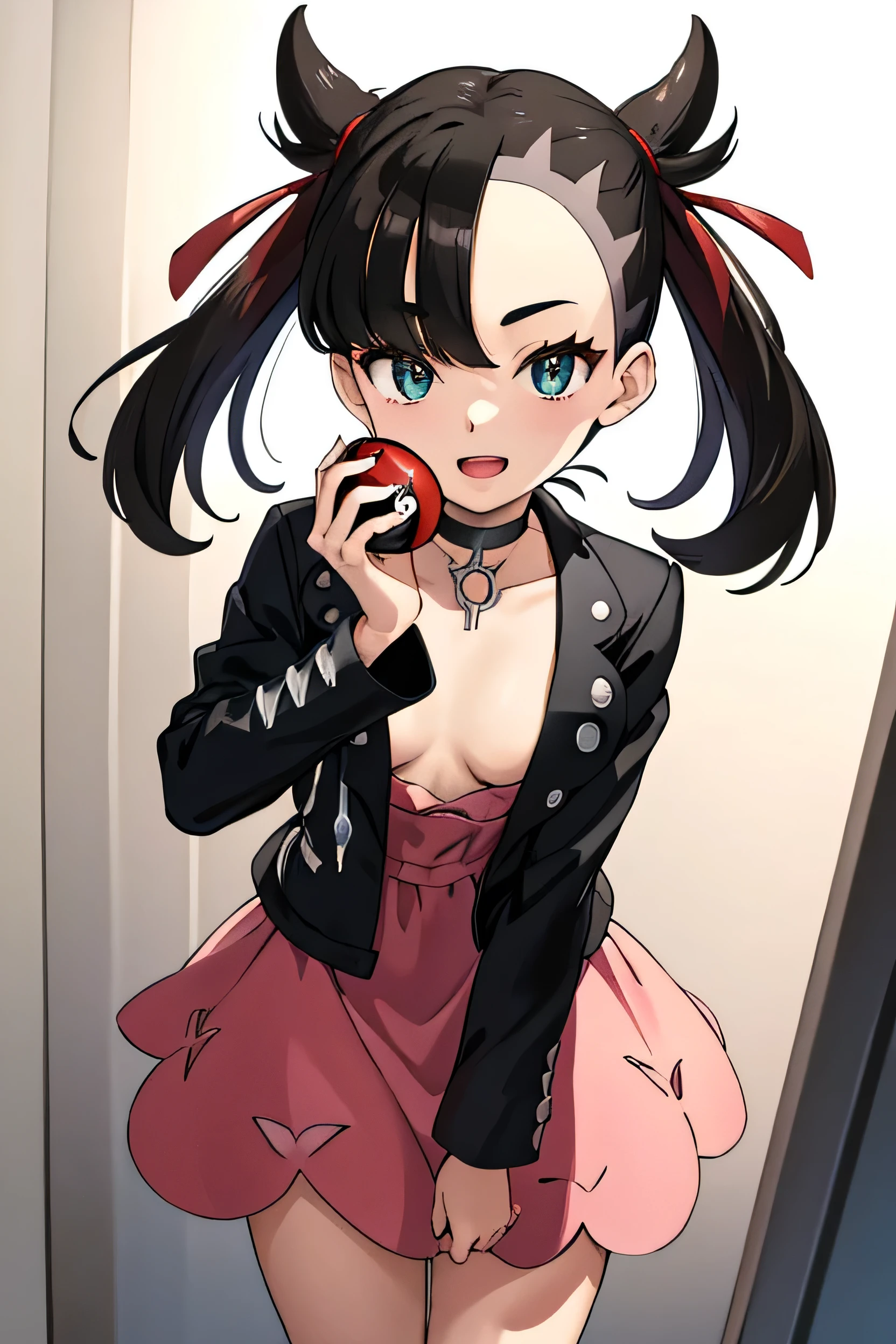 masterpiece, highest quality, High resolution, Marnie, Aqua Eye, Black choker, Red ribbon, Pink Dress, jewelry, Black jacket, Open clothes, Long sleeve, Cowboy Shot, Are standing, Field, holding poke ball, poke ball \(Basic\), smile, Open your mouth, (Perfect hands, Perfect Anatomy), Open your chest wide, No underwear on, No bra, morning, sunlight, Best Shadow, Best lighting, Leaning forward, Small breasts, Small breasts 