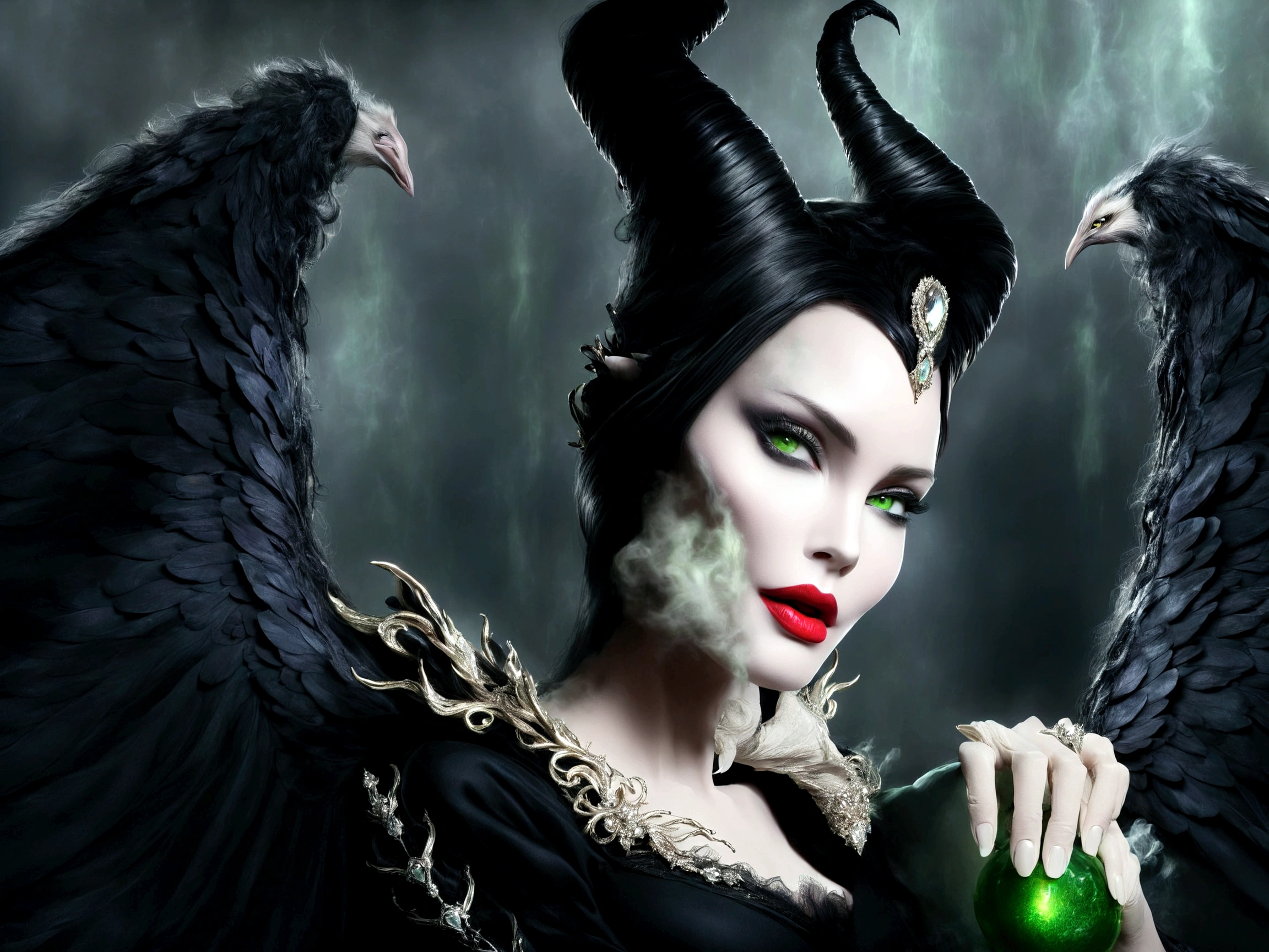 maleficent holding a green glass in her hand with a black background, female disney villain, villainess has black angel wings, megan fox witch queen, portrait shot, villainess, exclusive, disney weta 8 k, animatronic angelina jolie, angelina jolie, angeline jolie, portrait of emily blunt as queen, disney villain, cgi 8k, edited