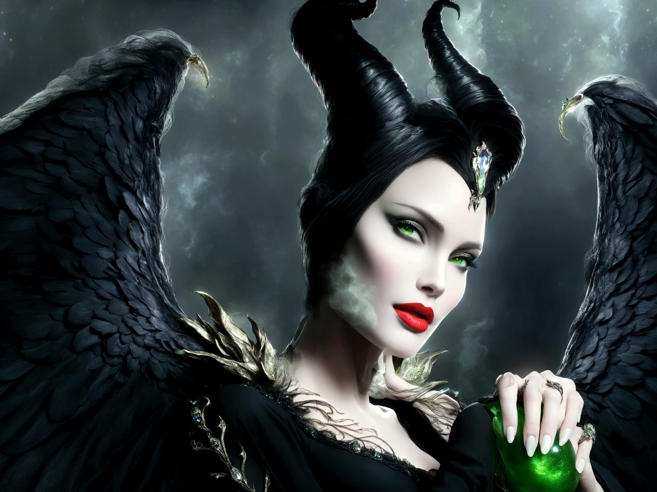 maleficent holding a green glass in her hand with a black background, female disney villain, villainess has black angel wings, megan fox witch queen, portrait shot, villainess, exclusive, disney weta 8 k, animatronic angelina jolie, angelina jolie, angeline jolie, portrait of emily blunt as queen, disney villain, cgi 8k, edited