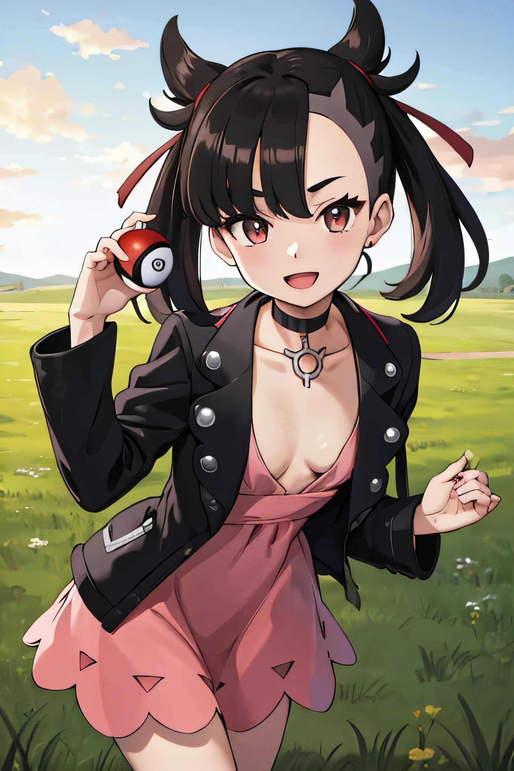 masterpiece, highest quality, High resolution, Marnie, Aqua Eye, Black choker, Red ribbon, Pink Dress, jewelry, Black jacket, Open clothes, Long sleeve, Cowboy Shot, Are standing, Field, holding poke ball, poke ball \(Basic\), smile, Open your mouth, (Perfect hands, Perfect Anatomy), Open your chest wide, No underwear on, No bra, morning, sunlight, Best Shadow, Best lighting, Leaning forward, Small breasts, Small breasts