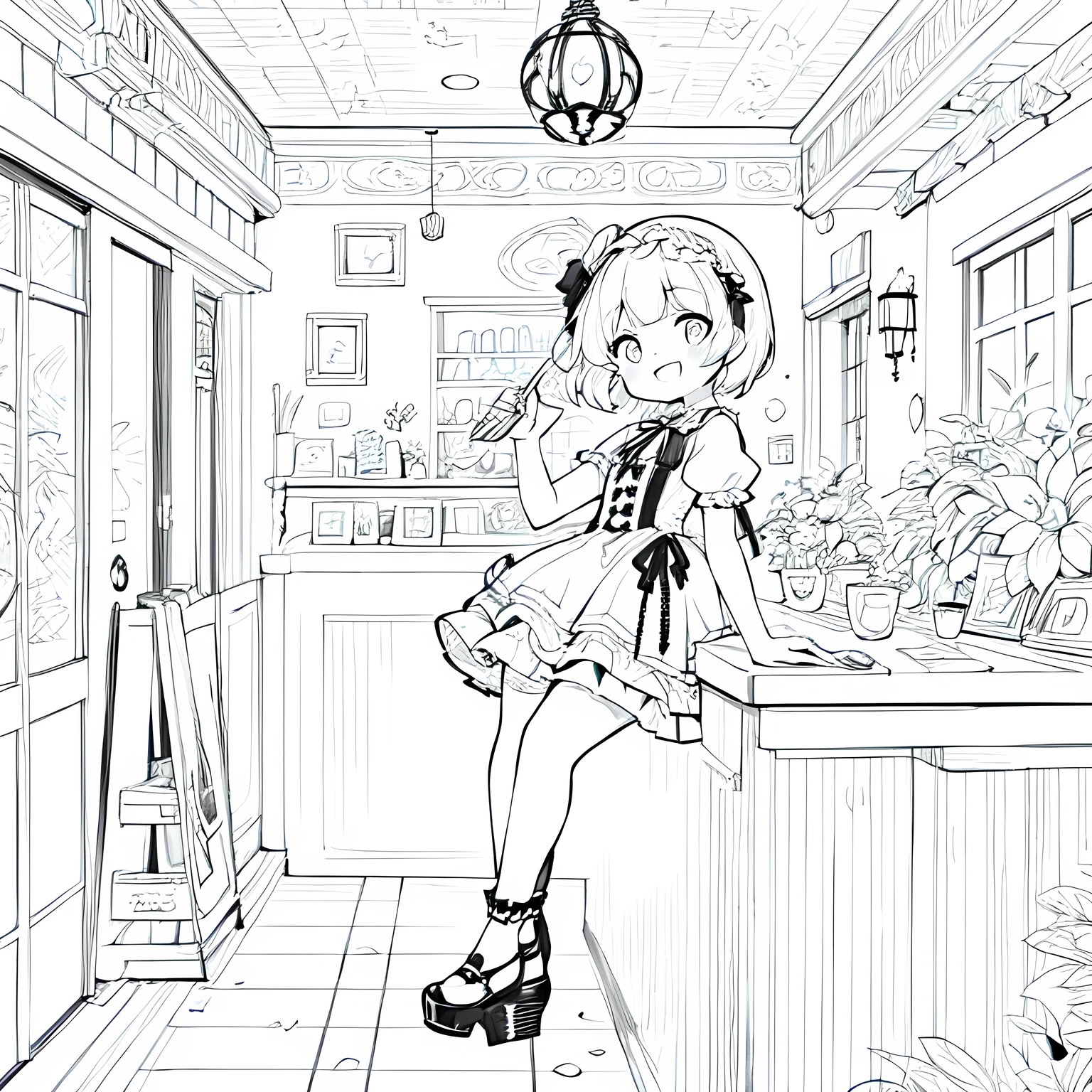 Line art background, background, Monochrome, Line art, ((sketch)),Highest , 2. Colorinochrome、 quality,masterpiece,monochrome,Lineart,single color,Create a detailed coloring page,（masterpiece）、(highest quality)、Young Girl、smile、An anime girl in a dress 、Splash art anime , In a dress, cute art style, Pixiv, sweets, Detailed fan art,(Cute illustration:1.3)、to you:1.3,Absurd, High resolution、 (white:1.25) hair, (smile, Happy:1.2),A neat pose,Girl with fork brake (alone:1.1), (Cute illustration:0.5),(Fluffy illustration:0.8), One Girl、smile with open mouth、Beautifully detailed、Haze
Detailed background、One Girl、Charming smile、Beautifully detailed、Haze、marble、Particles of light、pattern、
Detail view、Intricate details、Delicate depiction、Illuminate、Drink melon soda、
Beautiful Faces、Light-colored eyes、Wearing intricate and delicate jewelry、Shining Aura,One Girl, Round eyes, Big anime eyes, Students in a circle, , Pixie Cut, smile, Small breasts, (****ta dress, mini skirt, stockings, Platform Shoes,Girl 1 person、Absurd, High resolution,break
Happy, smile:1.2), Food Photography, cafe break、Pure Cafe、The background is coffee shop retro、Drinking melon soda at a coffee shop、Hair is half up