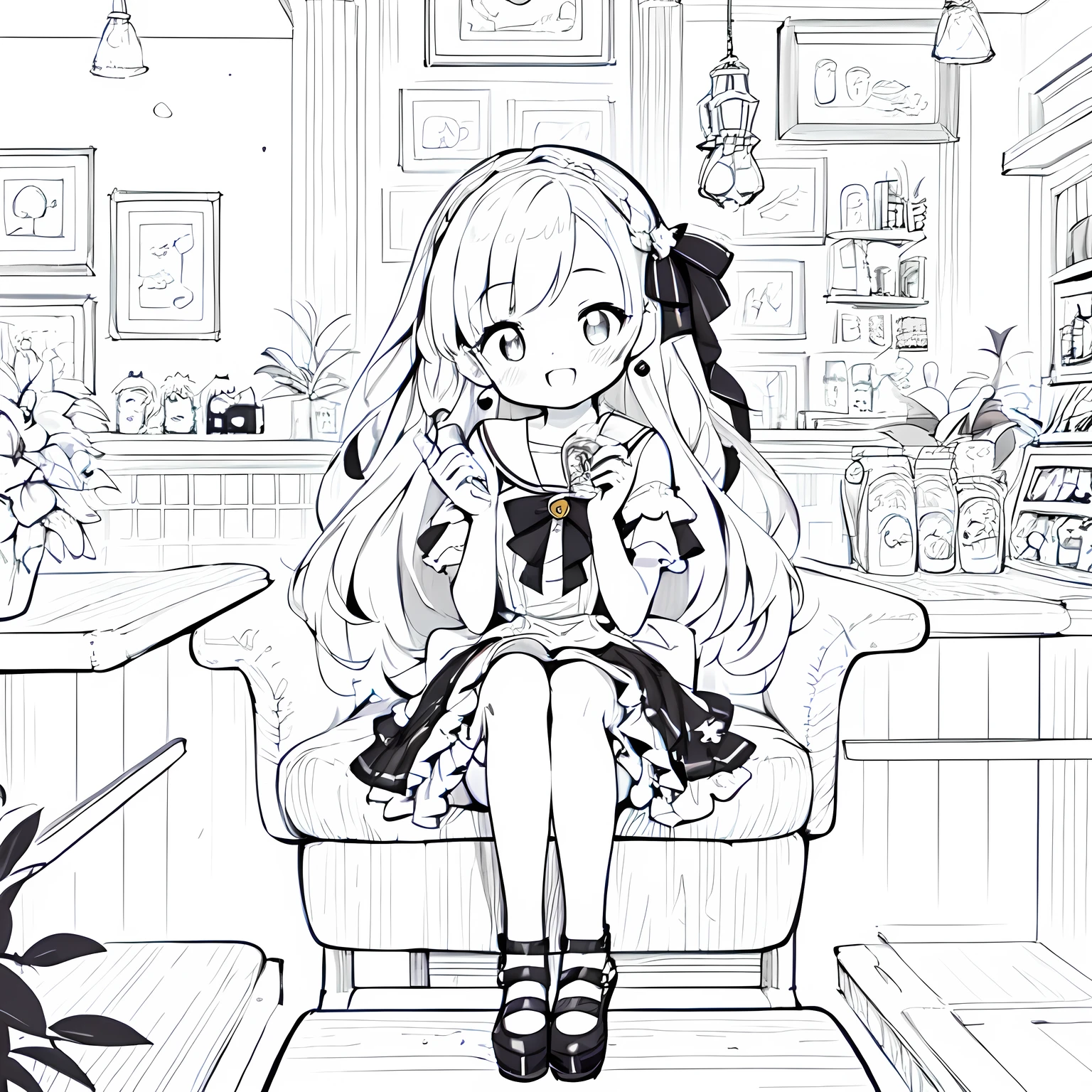 Line art background, background, Monochrome, Line art, ((sketch)),Highest , 2. Colorinochrome、 quality,masterpiece,monochrome,Lineart,single color,Create a detailed coloring page,（masterpiece）、(highest quality)、Young Girl、smile、An anime girl in a dress 、Splash art anime , In a dress, cute art style, Pixiv, sweets, Detailed fan art,(Cute illustration:1.3)、to you:1.3,Absurd, High resolution、 (white:1.25) hair, (smile, Happy:1.2),A neat pose,Girl with fork brake (alone:1.1), (Cute illustration:0.5),(Fluffy illustration:0.8), One Girl、smile with open mouth、Beautifully detailed、Haze
Detailed background、One Girl、Charming smile、Beautifully detailed、Haze、marble、Particles of light、pattern、
Detail view、Intricate details、Delicate depiction、Illuminate、Drink melon soda、
Beautiful Faces、Light-colored eyes、Wearing intricate and delicate jewelry、Shining Aura,One Girl, Round eyes, Big anime eyes, Students in a circle, , Pixie Cut, smile, Small breasts, (****ta dress, mini skirt, stockings, Platform Shoes,Girl 1 person、Absurd, High resolution,break
Happy, smile:1.2), Food Photography, cafe break、Pure Cafe、The background is coffee shop retro、Drinking melon soda at a coffee shop、Hair is half up