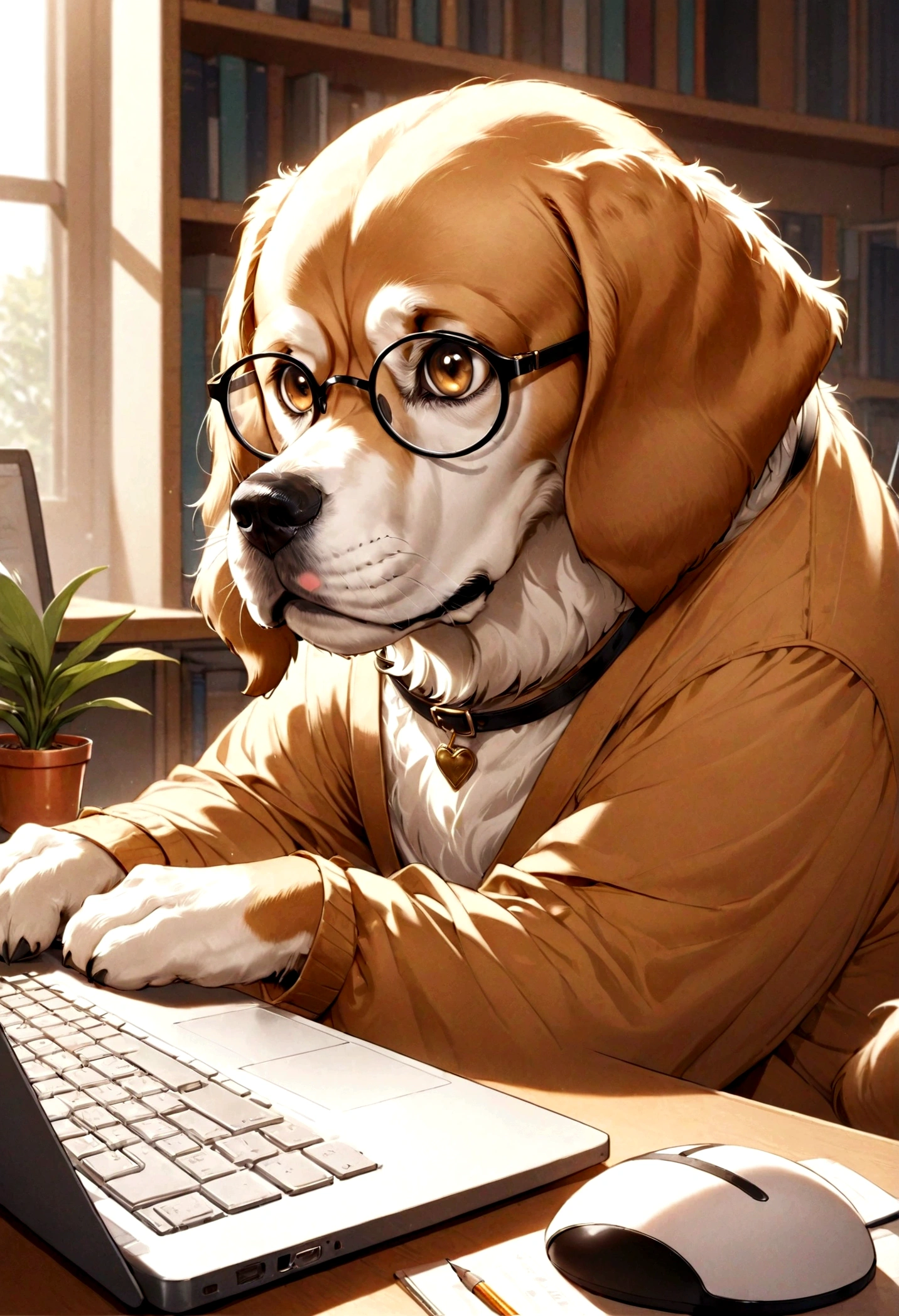 A close-up portrait of a golden retriever sitting at a desk, intently focused on the laptop screen in front of it. The dog is wearing small round glasses and has a pencil tucked behind one ear. The desk is neatly organized with a cup of coffee, some books, and a small potted plant. The background is a cozy home office setting with bookshelves and warm lighting. The expression on the dog's face conveys deep concentration and intelligence as it works diligently on the computer