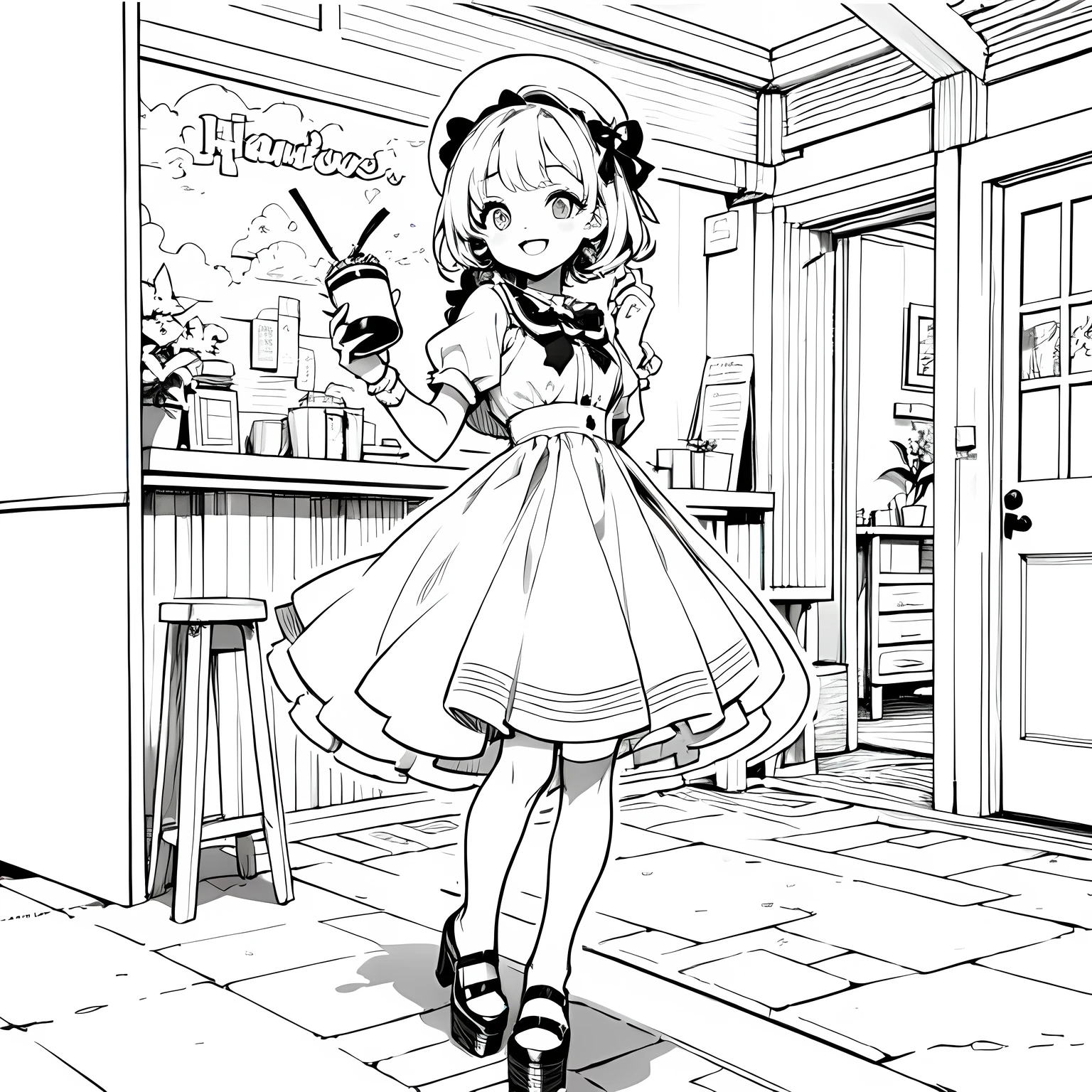 Line art background, background, Monochrome, Line art, ((sketch)),Highest , 2. Colorinochrome、 quality,masterpiece,monochrome,Lineart,single color,Create a detailed coloring page,（masterpiece）、(highest quality)、Young Girl、smile、An anime girl in a dress 、Splash art anime , In a dress, cute art style, Pixiv, sweets, Detailed fan art,(Cute illustration:1.3)、to you:1.3,Absurd, High resolution、 (white:1.25) hair, (smile, Happy:1.2),A neat pose,Girl with fork brake (alone:1.1), (Cute illustration:0.5),(Fluffy illustration:0.8), One Girl、smile with open mouth、Beautifully detailed、Haze
Detailed background、One Girl、Charming smile、Beautifully detailed、Haze、marble、Particles of light、pattern、
Detail view、Intricate details、Delicate depiction、Illuminate、Drink melon soda、
Beautiful Faces、Light-colored eyes、Wearing intricate and delicate jewelry、Shining Aura,One Girl, Round eyes, Big anime eyes, Students in a circle, , Pixie Cut, smile, Small breasts, (lolita dress, mini skirt, stockings, Platform Shoes,Girl 1 person、Absurd, High resolution,break
Happy, smile:1.2), Food Photography, cafe break、Pure Cafe、The background is coffee shop retro、Drinking melon soda at a coffee shop、Hair is half up