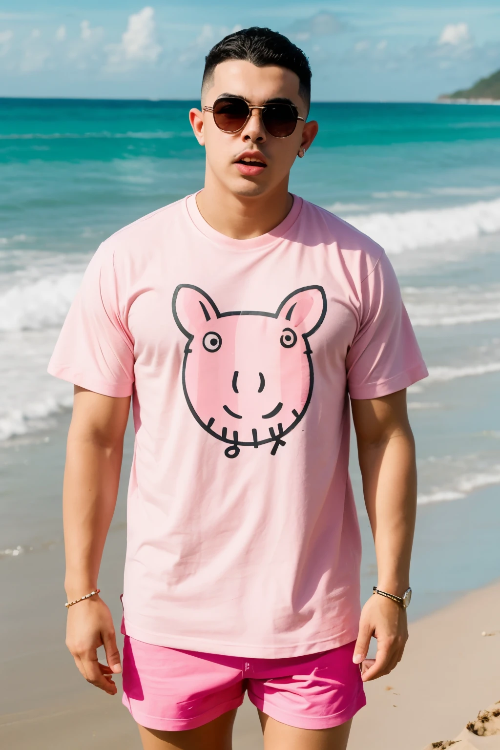 ((detallado)) ((realista)) bad bunny en una playa con camisa de peppa pig mientras come una arepa con caraotas