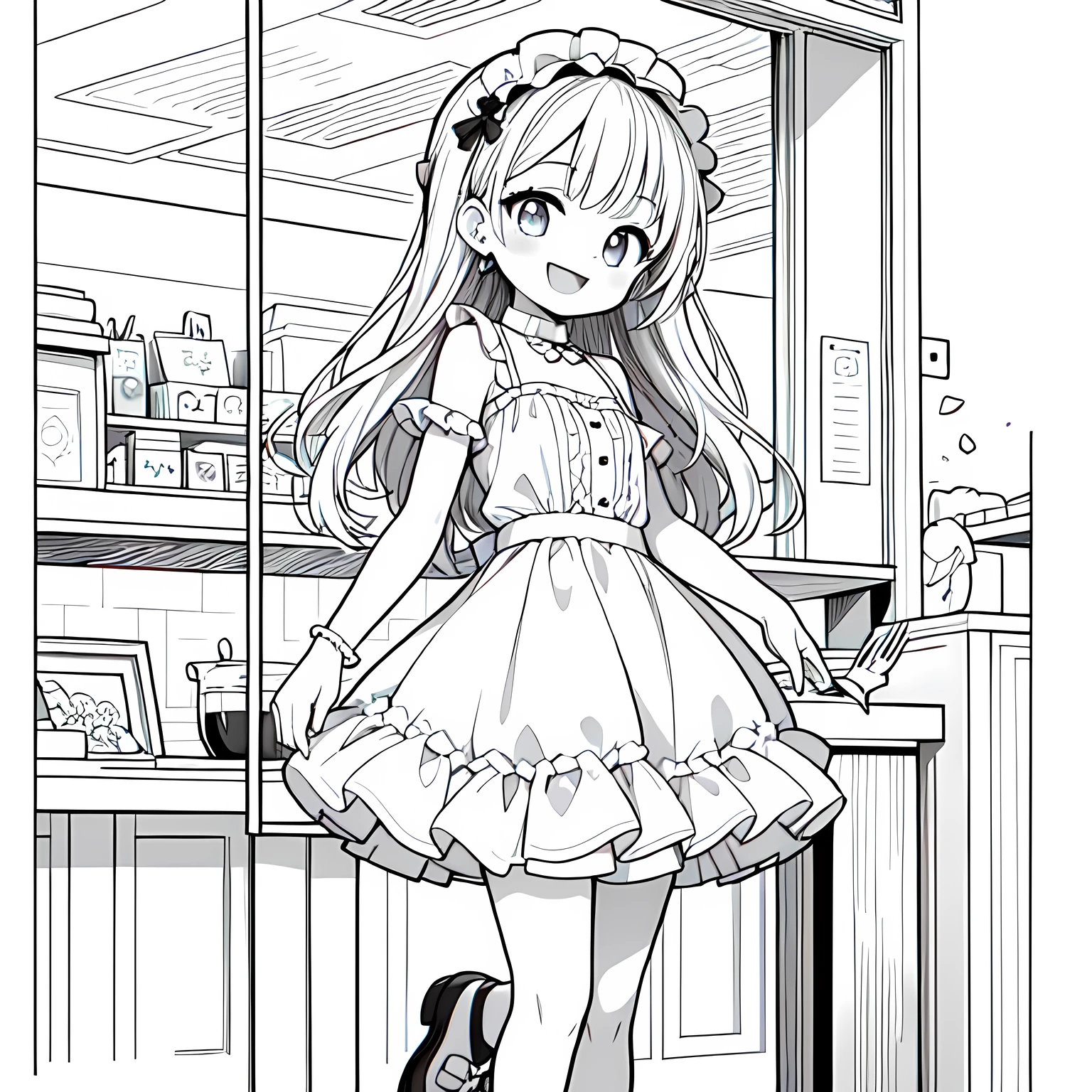 Line art background, background, Monochrome, Line art, ((sketch)),Highest , 2. Colorinochrome、 quality,masterpiece,monochrome,Lineart,single color,Create a detailed coloring page,（masterpiece）、(highest quality)、Young Girl、smile、An anime girl in a dress 、Splash art anime , In a dress, cute art style, Pixiv, sweets, Detailed fan art,(Cute illustration:1.3)、to you:1.3,Absurd, High resolution、 (white:1.25) hair, (smile, Happy:1.2),A neat pose,Girl with fork brake (alone:1.1), (Cute illustration:0.5),(Fluffy illustration:0.8), One Girl、smile with open mouth、Beautifully detailed、Haze
Detailed background、One Girl、Charming smile、Beautifully detailed、Haze、marble、Particles of light、pattern、
Detail view、Intricate details、Delicate depiction、Illuminate、
Beautiful Faces、Light-colored eyes、Wearing intricate and delicate jewelry、Shining Aura,One Girl, Round eyes, Big anime eyes, Students in a circle, , Pixie Cut, smile, Small breasts, (lolita dress, mini skirt, stockings, Platform Shoes,Girl 1 person、Absurd, High resolution,break
Happy, smile:1.2), Food Photography, cafe break、Pure Cafe、The background is coffee shop retro、Drinking melon soda at a coffee shop、Hair is half up