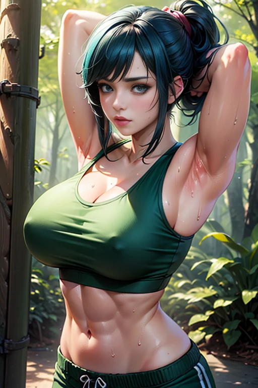 (highest quality,4K,8k,High resolution,masterpiece:1.2),Very detailed,(Realistic,photoRealistic,photo-Realistic:1.37),One Woman, Leona Heidern, Leona MS,Blue Hair, blue eyes, ponytail, Muscular and healthy body,
Armpit details,Beautifully detailed sweat glands,Smooth skin texture,Carefully drawn,
Green shorts, Cleavage,On the stomach, Crop top, Black gloves, uniform, Green jacket, Yellow Tank Top,(humidity:1.3), Beautiful Eyes, (Attractive face:1.2), (Beautiful Skin),(Big Breasts),(Large areola),(Abdominal muscles),((Sticky with sweat)),In a dynamic pose,
king of fighters,Outdoor,Dense forest