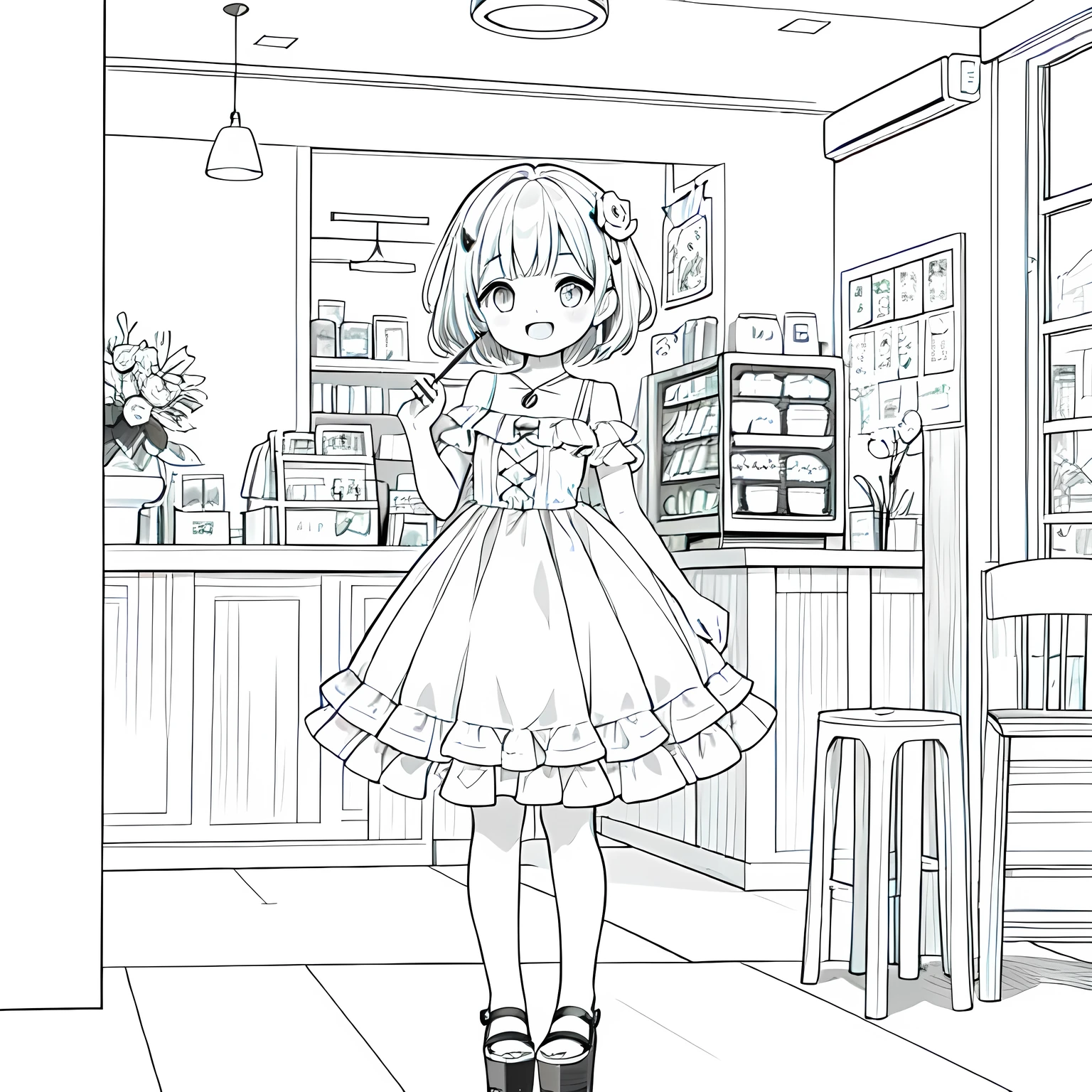 Line art background, background, Monochrome, Line art, ((sketch)),Highest , 2. Colorinochrome、 quality,masterpiece,monochrome,Lineart,single color,Create a detailed coloring page,（masterpiece）、(highest quality)、Young Girl、smile、An anime girl in a dress 、Splash art anime , In a dress, cute art style, Pixiv, sweets, Detailed fan art,(Cute illustration:1.3)、to you:1.3,Absurd, High resolution, Afternoon tea in the background、 (white:1.25) hair, (smile, Happy:1.2),A neat pose,Girl with fork brake (alone:1.1), (Cute illustration:0.5),(Fluffy illustration:0.8), Standing detailed background、One Girl、smile with open mouth、Beautifully detailed、Haze
Detailed background、One Girl、Charming smile、Beautifully detailed、Haze、marble、Particles of light、pattern、
Detail view、Intricate details、Delicate depiction、Illuminate、
Beautiful Faces、Light-colored eyes、Wearing intricate and delicate jewelry、Shining Aura、Radiant hair,One Girl, Round eyes, Big anime eyes, Students in a circle, , Pixie Cut, smile, Small breasts, (cute, White Background, floating, blueberry, ****ta dress, mini skirt, stockings, Platform Shoes, Hair ornament,Girl 1 person、Absurd, High resolution,
break
(A lot of:1.4) (multiple) (Little:1.2) (girl:1.4) Midget, (Clogged:1.3), (Happy, smile:1.2), Food Photography, cafe break、Pure Cafe、Coffee shop retro、cream soda、Fizzy