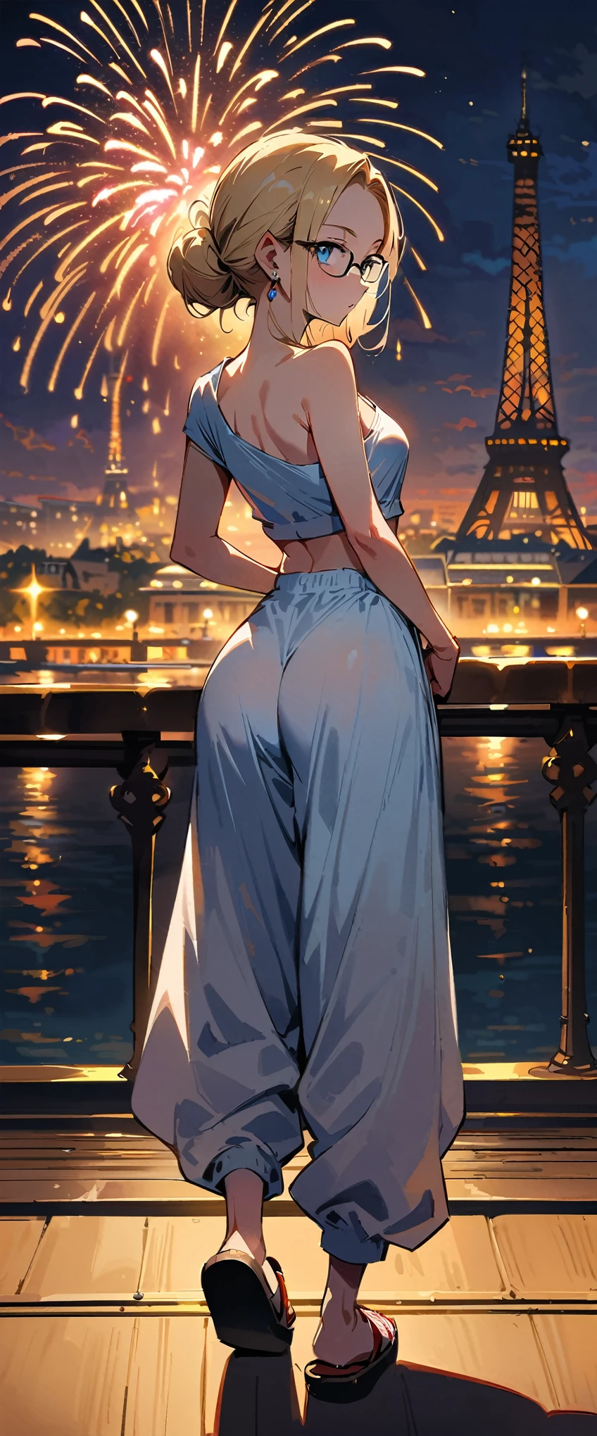 (masterpiece, best quality:1.2), full body, solo, Android 18 from Dragon Ball, wearing light gray pajamas, ((slip-on one-shoulder crop top)), (baggy pants), strings of thong underwear slightly visible, small breasts, blonde hair, (single hair bun), ((blue eyes)), ((wearing glasses)), earrings on earlobes, slender feminine figure, narrow waistline, skinny body, Japanese sandals, shot from behind, looking back, back view, light blush, arms behind back, backless crop top, standing on a cruise ship, cruising, the Seine, the Eiffel Tower, Paris, night, firework, magnificent view, blur background, 4K