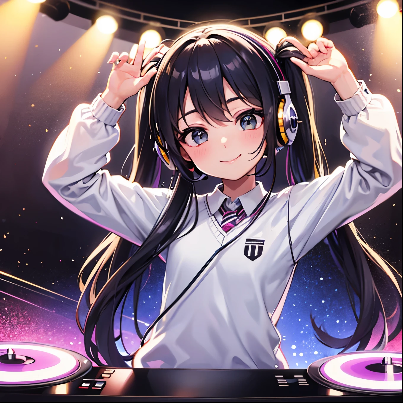 DJ,Twin tails,1 person,club house,Turntable,Mirror ball,smile,headphone,Raise one hand