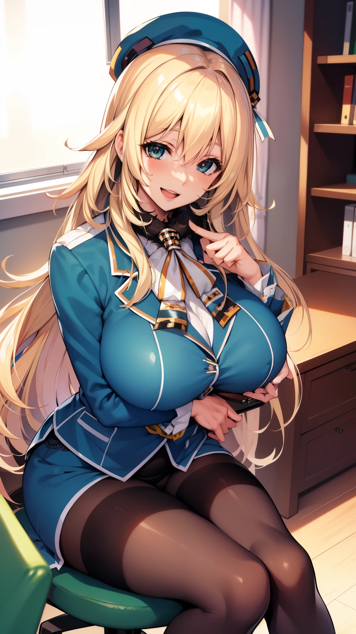 , Looking at Viewer,
blonde hair, large breasts, Smile, Open mouth, smile,wide hips,long hair,indoor,uniform,AtagoKC, (Atago) uniform,beret,sitting,office,desk,chair