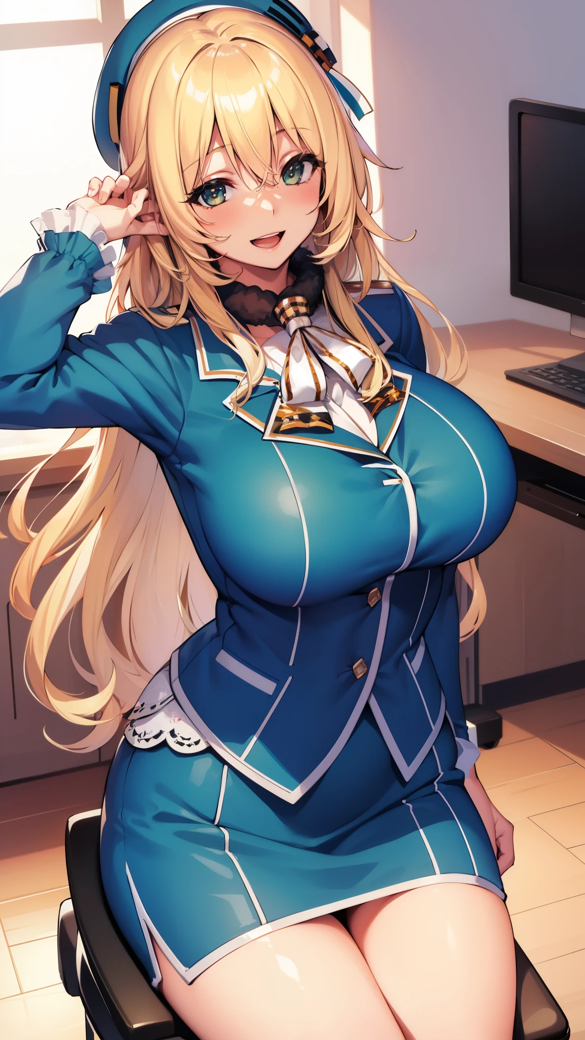 , Looking at Viewer,
blonde hair, large breasts, Smile, Open mouth, smile,wide hips,long hair,indoor,uniform,AtagoKC, (Atago) uniform,beret,sitting,office,desk,chair