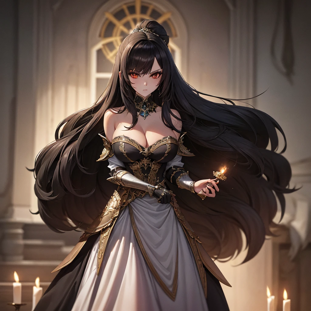 A breathtaking artwork of a female character of unimaginable beauty, set in a dark and opulent environment. The full-body view reveals an impressive figure, exuding an aura of power and mystery. She wears black and gold clothes, radiating a luxurious darkness. Her armor is detailed and characteristic, with intricate golden designs that shimmer in the dim light. Ornate shoulder pads protect her shoulders, and the armor perfectly molds to her body, accentuating her formidable presence. Her long black hair flows like a river of darkness, contrasting with her mesmerizing scarlet eyes. Her beauty is almost supernatural, a perfect blend of grace and menace. She wields a cursed blade that seems to pulse with malevolent energy, enhancing her aura of danger. The setting around her is a gothic and luxurious environment, with dark arches and stained glass windows that filter a supernatural light. In the background, candles flicker, casting dancing shadows on the intricately carved stone walls. It is a place that blends elegance and terror, perfectly reflecting the essence of the character.