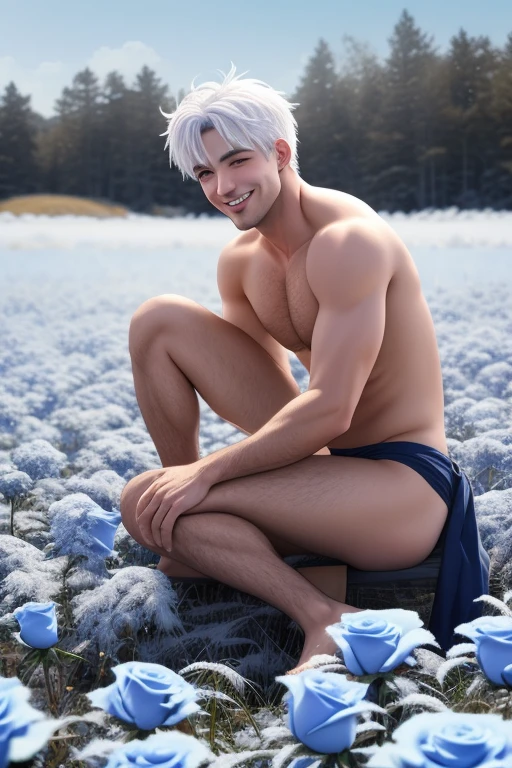 full body photorealistic handsome Hunky celestial shirtless white haired Jack Frost, sitting on winter blue rose field smiling 