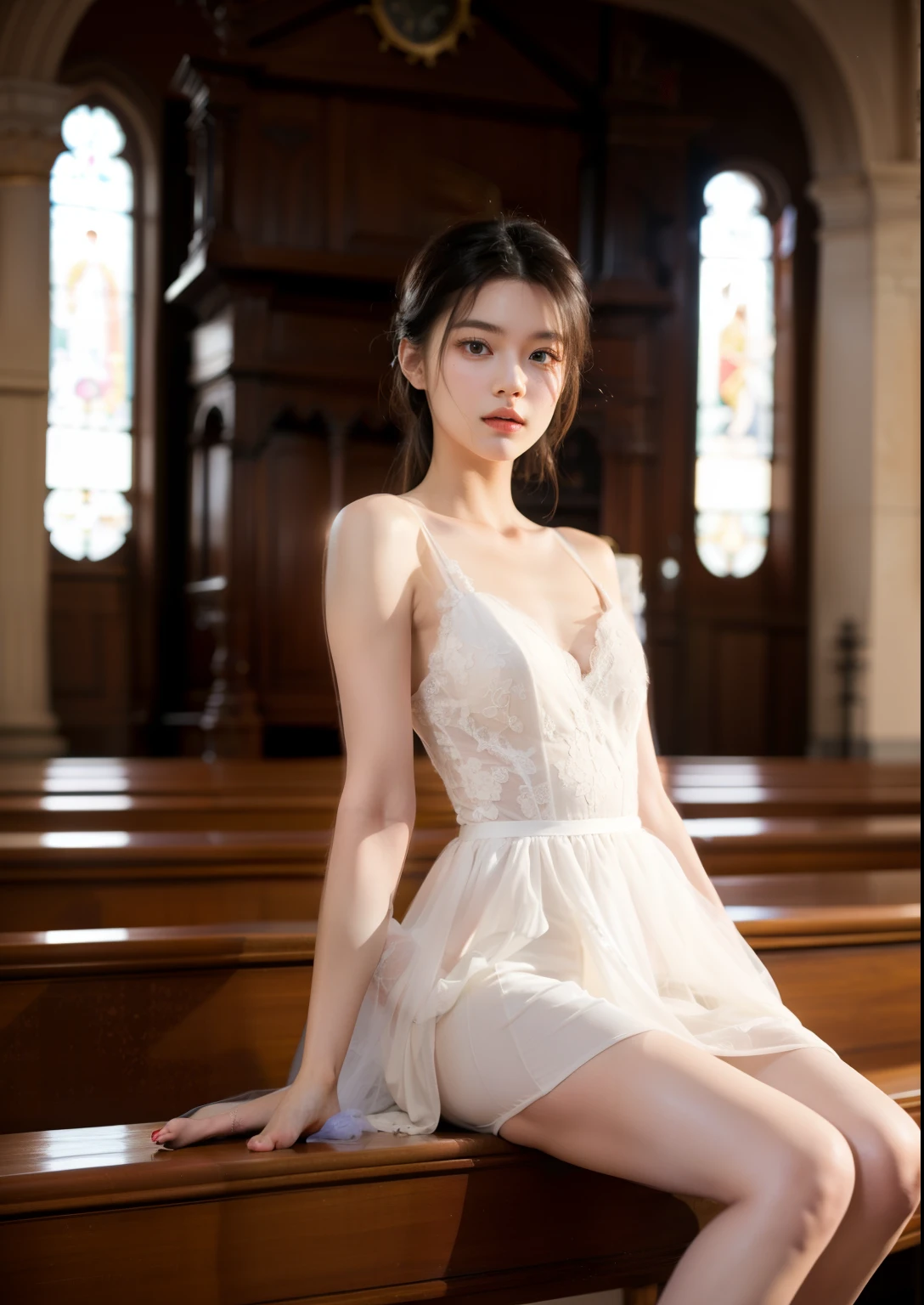 Beautiful 25 year old tall and slender woman。perfect legs. perfect face. She is fashion model. She is staying in the old classic church. She is wearing a wedding dress. Her one leg is visible and the other is hidden by the dress. She is illuminated by sunset light. the evening church lights is on . her dark brawn hair. High resolution、masterpiece、highest quality、頭w:1.0、((Hasselblad Photos))、fine skin、(movie lighting)、clavicle . full body picture.