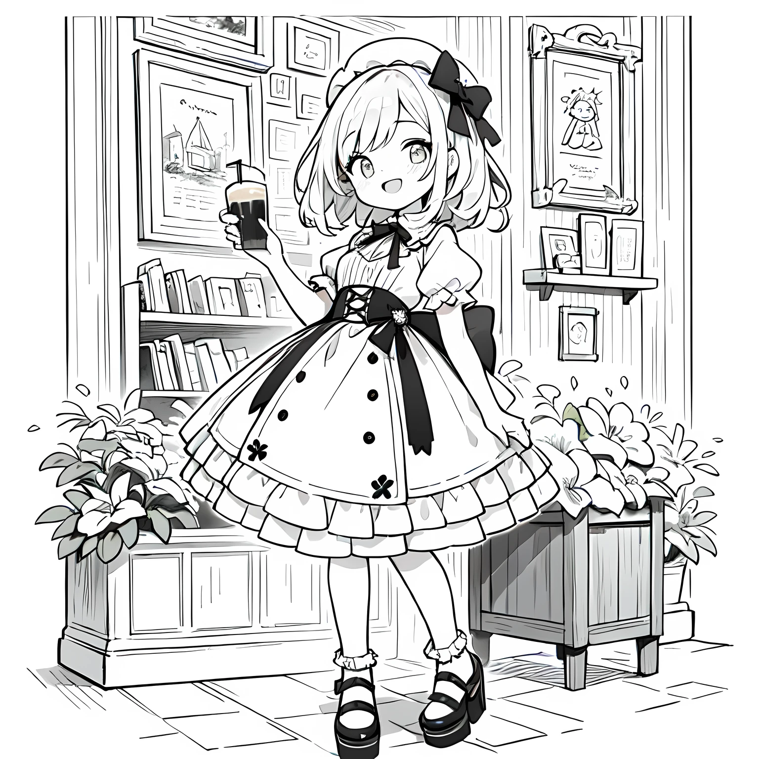 Line art background, background, Monochrome, Line art, ((sketch)),Highest , 2. Colorinochrome、 quality,masterpiece,monochrome,Lineart,single color,Create a detailed coloring page,（masterpiece）、(highest quality)、Young Girl、smile、An anime girl in a dress 、Splash art anime , In a dress, cute art style, Pixiv, sweets, Detailed fan art,(Cute illustration:1.3)、to you:1.3,Absurd, High resolution、 (white:1.25) hair, (smile, Happy:1.2),A neat pose,Girl with fork brake (alone:1.1), (Cute illustration:0.5),(Fluffy illustration:0.8), One Girl、smile with open mouth、Beautifully detailed、Haze
Detailed background、One Girl、Charming smile、Beautifully detailed、Haze、marble、Particles of light、pattern、
Detail view、Intricate details、Delicate depiction、Illuminate、Drink melon soda、
Beautiful Faces、Light-colored eyes、Wearing intricate and delicate jewelry、Shining Aura,One Girl, Round eyes, Big anime eyes, Students in a circle, , Pixie Cut, smile, Small breasts, (****ta dress, mini skirt, stockings, Platform Shoes,Girl 1 person、Absurd, High resolution,break
Happy, smile:1.2), Food Photography, cafe break、Pure Cafe、The background is coffee shop retro、Drinking melon soda at a coffee shop、Hair is half up