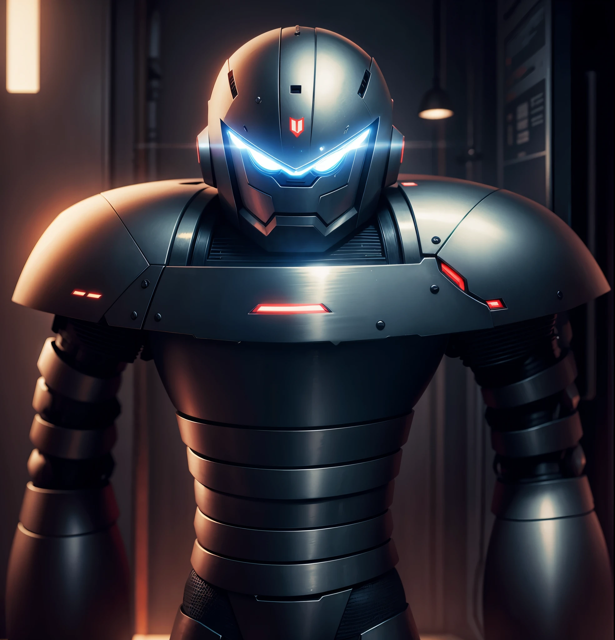 Round armor, robot, cyber, high quality, black iron body, red eyes, battlefield in the background,