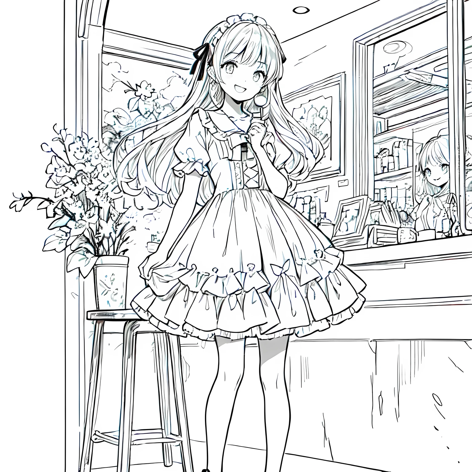 Line art background, background, Monochrome, Line art, ((sketch)),Highest , 2. Colorinochrome、 quality,masterpiece,monochrome,Lineart,single color,Create a detailed coloring page,（masterpiece）、(highest quality)、Young Girl、smile、An anime girl in a dress 、Splash art anime , In a dress, cute art style, Pixiv, sweets, Detailed fan art,(Cute illustration:1.3)、to you:1.3,Absurd, High resolution、 (white:1.25) hair, (smile, Happy:1.2),A neat pose,Girl with fork brake (alone:1.1), (Cute illustration:0.5),(Fluffy illustration:0.8), One Girl、smile with open mouth、Beautifully detailed、Haze
Detailed background、One Girl、Charming smile、Beautifully detailed、Haze、marble、Particles of light、pattern、
Detail view、Intricate details、Delicate depiction、Illuminate、Drink melon soda、
Beautiful Faces、Light-colored eyes、Wearing intricate and delicate jewelry、Shining Aura,One Girl, Round eyes, Big anime eyes, Students in a circle, , Pixie Cut, smile, Small breasts, (lolita dress, mini skirt, stockings, Platform Shoes,Girl 1 person、Absurd, High resolution,break
Happy, smile:1.2), Food Photography, cafe break、Pure Cafe、The background is coffee shop retro、Drinking melon soda at a coffee shop、Hair is half up