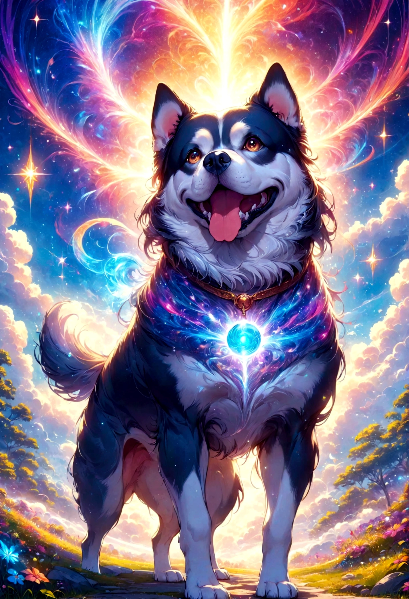 A mystical, high-resolution 8K anime-style image of a dog. The scene is vibrant and colorful, filled with bright and fantastical elements. The atmosphere is enchanting and full of wonder, with the dog as the central figure, surrounded by an ethereal, magical aura. The image should be filled with vivid colors and intricate details to create a mesmerizing, fantastical world.