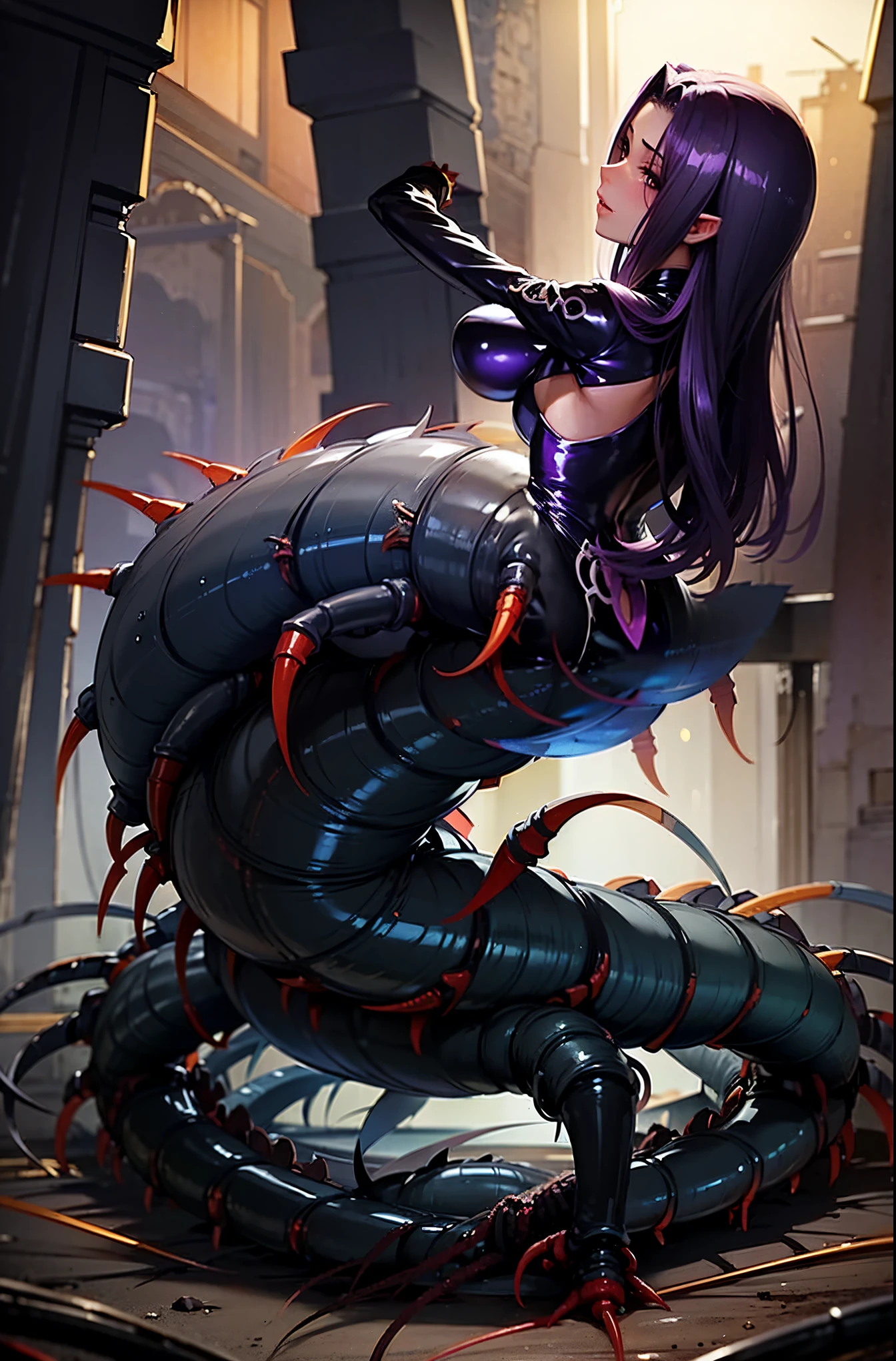 Centipede girl. Lamia Style. Her image color black. Black body and blue leg Centipede. Arabian dancer fashion. close-up girl. ruins.