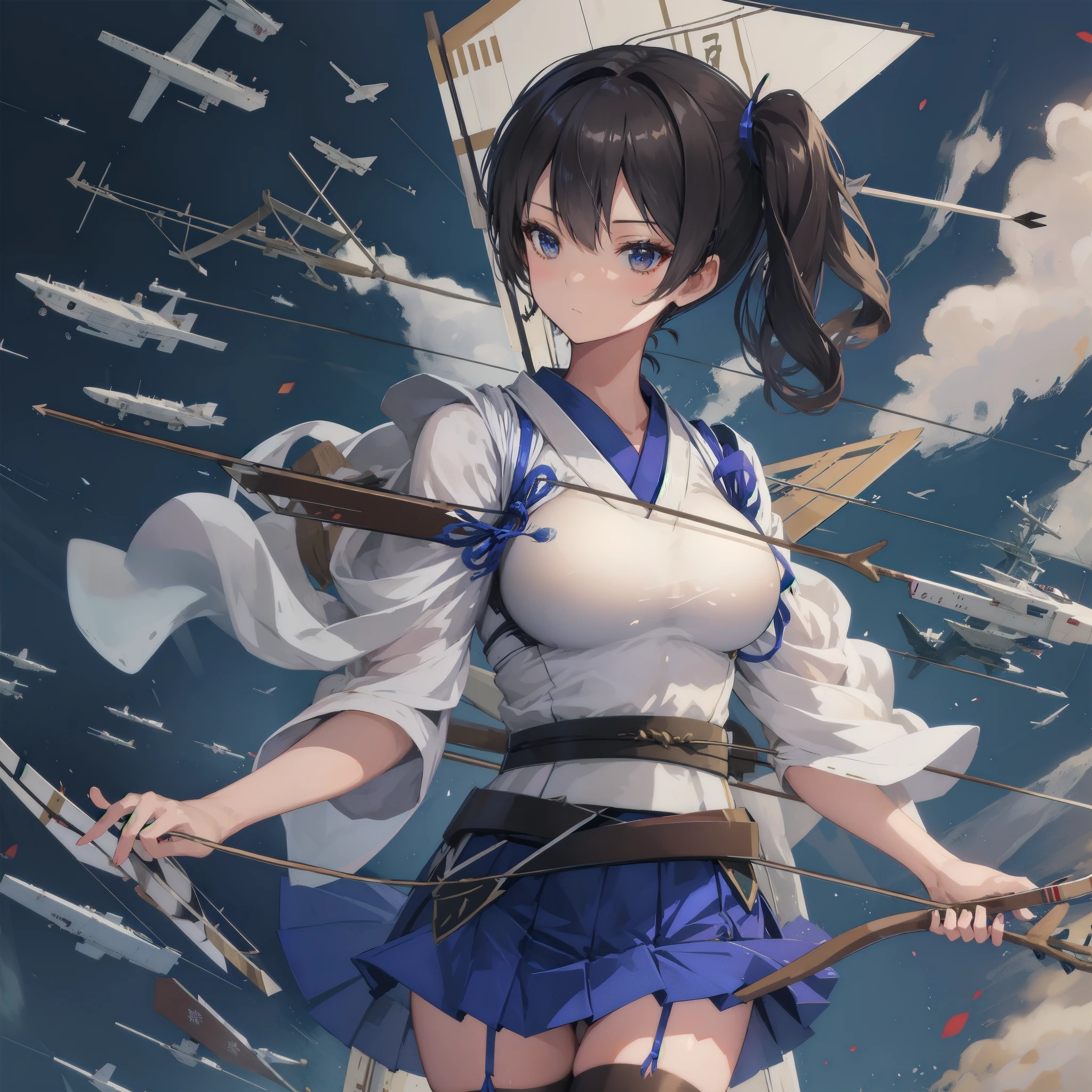 Kaga(Fleet Collection),highest quality, masterpiece, High resolution,kimono,blue skirt,side ponytail,big_breasts,solo,Japanese_bow&arrow,dynamic_posing,half_eyes,solo