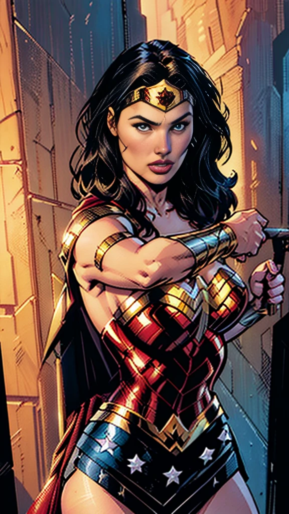 B1girl, wonder woman,(GAL GADOT) armlet, black hair,Upper body,cowboy shot,(close up shot) depth of field, holding, holding weapon, lasso, looking at viewer, parted lips, realistic,, shield, skirt,solo, superhero, sword on back, tiara, toned,big muscles, (Comic book panel illustration)