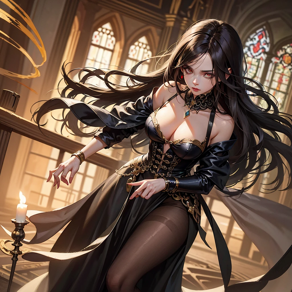 A breathtaking artwork of a female character of unimaginable beauty, set in a dark and opulent environment. The full-body view reveals an impressive figure, exuding an aura of power and mystery. She wears black and gold clothes, radiating a luxurious darkness. Her armor is detailed and characteristic, with intricate golden designs that shimmer in the dim light. Ornate shoulder pads protect her shoulders, and the armor perfectly molds to her body, accentuating her formidable presence. Her long black hair flows like a river of darkness, contrasting with her mesmerizing scarlet eyes. Her beauty is almost supernatural, a perfect blend of grace and menace. She wields a cursed blade that seems to pulse with malevolent energy, enhancing her aura of danger. The setting around her is a gothic and luxurious environment, with dark arches and stained glass windows that filter a supernatural light. In the background, candles flicker, casting dancing shadows on the intricately carved stone walls. It is a place that blends elegance and terror, perfectly reflecting the essence of the character.