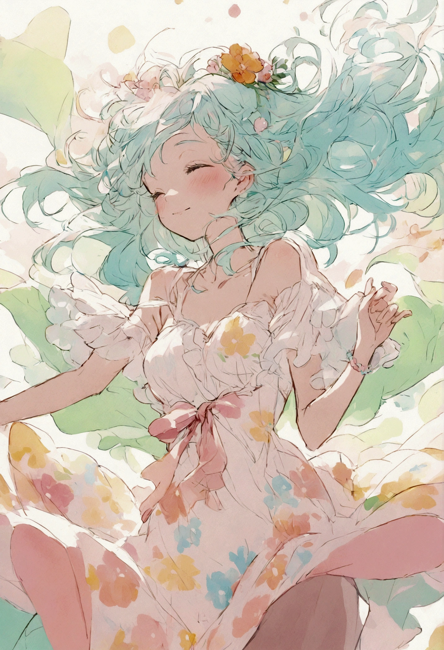 Cute girl painted in pastel colors, summer fabric around her, dancing in the wind, high quality drawings.
