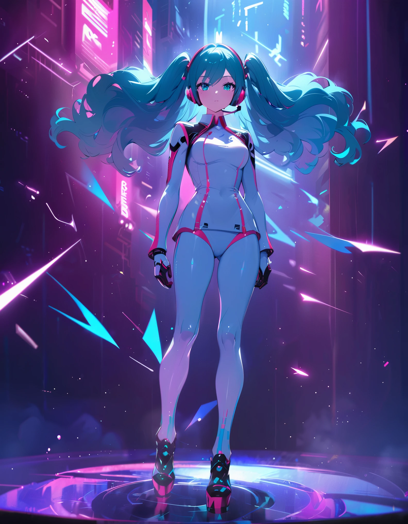 Movie Poster page, (promotional poster), Hatsune Miku, 1female, solo, humanoid android, teal hair, teal eyes, singer's uniform, headset, WeirdOutfit style, concert, Nippon Budokan, glowneon, glowing, sparks, lightning, shadow minimalism, (best quality), (masterpiece), detailed, beautiful detailed eyes, perfect anatomy, perfect body, perfect face, perfect hair, perfect legs, perfect hands, perfect arms, perfect fingers, detailed hair, detailed face, detailed eyes, detailed clothes, detailed skin, ultra-detailed, (full body), (upper body), (top quality), pop art, extremely detailed, extremely detailed CG, (high resolution), highly detailed, (high quality), (perfect quality), (glitchcore colors)