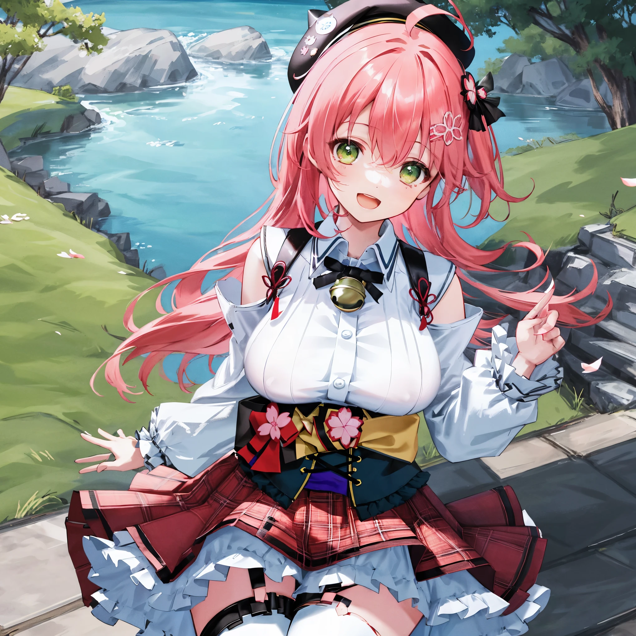 masutepiece, Best_Quality, hight_resolution, miko2,Ponytail, 1girl, young_teen,Ahoge, black headwear, Hair Ornament, White shirt, black thighhighs, Pink hair, Red_skirt, very_short_skirt, plaid skirts, garter_strap, Collared shirt, hair clips, frilld, Bangs, hair between eye, frills skirt, beret, Pleated skirt, Hair Flower, Neck bell, , puffy long sleeves, Black bow, Underbust, Cowboy Shot,Smile, (gigantic_breasts:1.3),covered_nipples, covered_pussy,green_eyes, happy, childlike_posing,spread_legs,(big_smile:1.2),plump,open_mouth,shout,half_eyes,cherryblossom_park_background,
