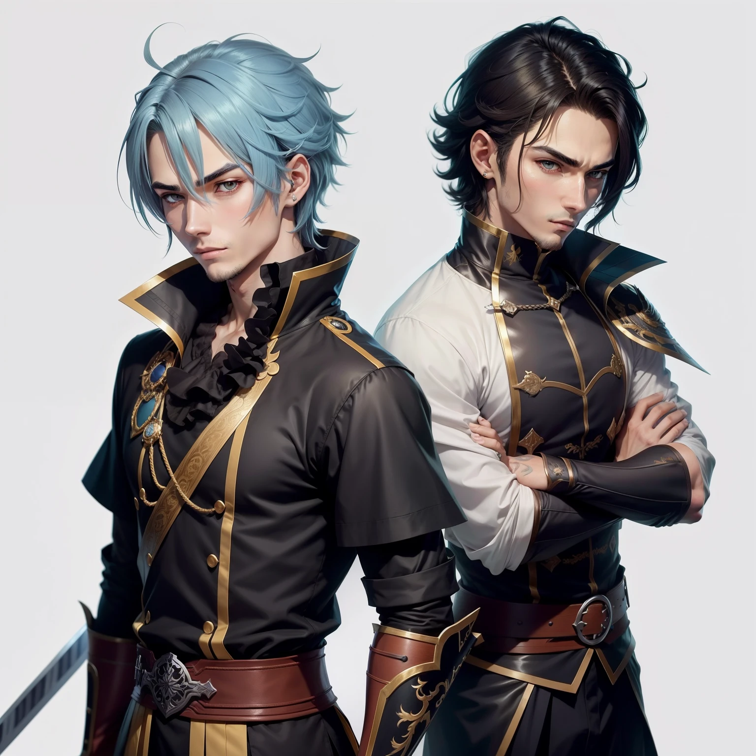 personagem masculino de anime com espada, cara bonito na arte demon slayer, fanart requintada altamente detalhada, bela arte de anime, Arte no estilo de Guweiz, paper awesome wallpaper, bela arte de anime, olhos azuis , personagem da realeza, cabelo curto e preto, fogo, roupa atual, cabelo preto