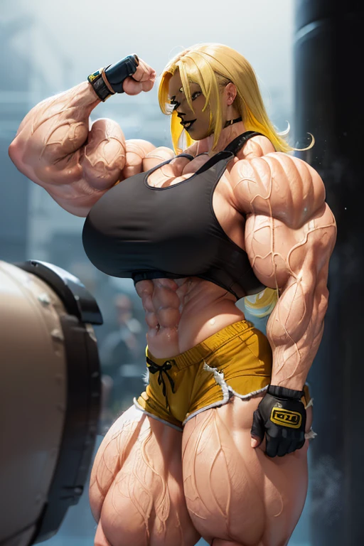 (((((Massive, beautiful, buff, sweaty, light brown skinned woman with yellow hair, black lipstick, ginormous bulky muscles and wearing a black sports bra with dolphin shorts))))), close view, massive muscle, ((massive biceps)), hyper muscle shoulders, (massive muscle arms), hyper muscle triceps, (long flowing hair), gray eyes, choker, sneakers, in a boxing ring, (fingerless gloves), closed smile, night, hyper muscles arms, hyper muscle legs, (massive arms).