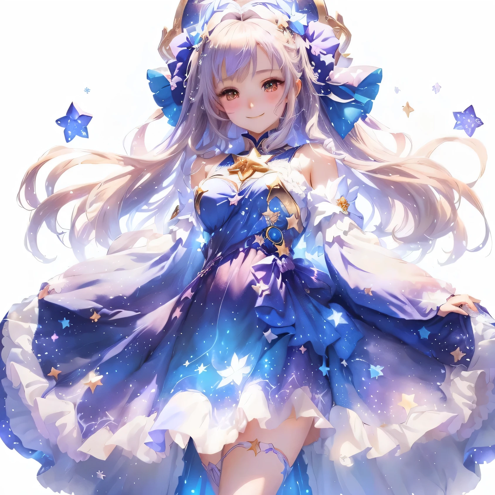 Anime girl in a blue dress with a star on her head, Cute anime waifu in a nice dress, Beautiful Sky Magician, Beautiful realistic art, Real Art Wallpaper 8k, Beautiful fantasy anime, Real Art 4k, Real-Art, Beautiful anime artwork, Beautiful Anime Girls, Splash Art Anime Loli, Anime Goddess, Anime fantasy artwork, Real wallpaper,Real,A young, fairy-like face、A kind smile,Astral Background,
