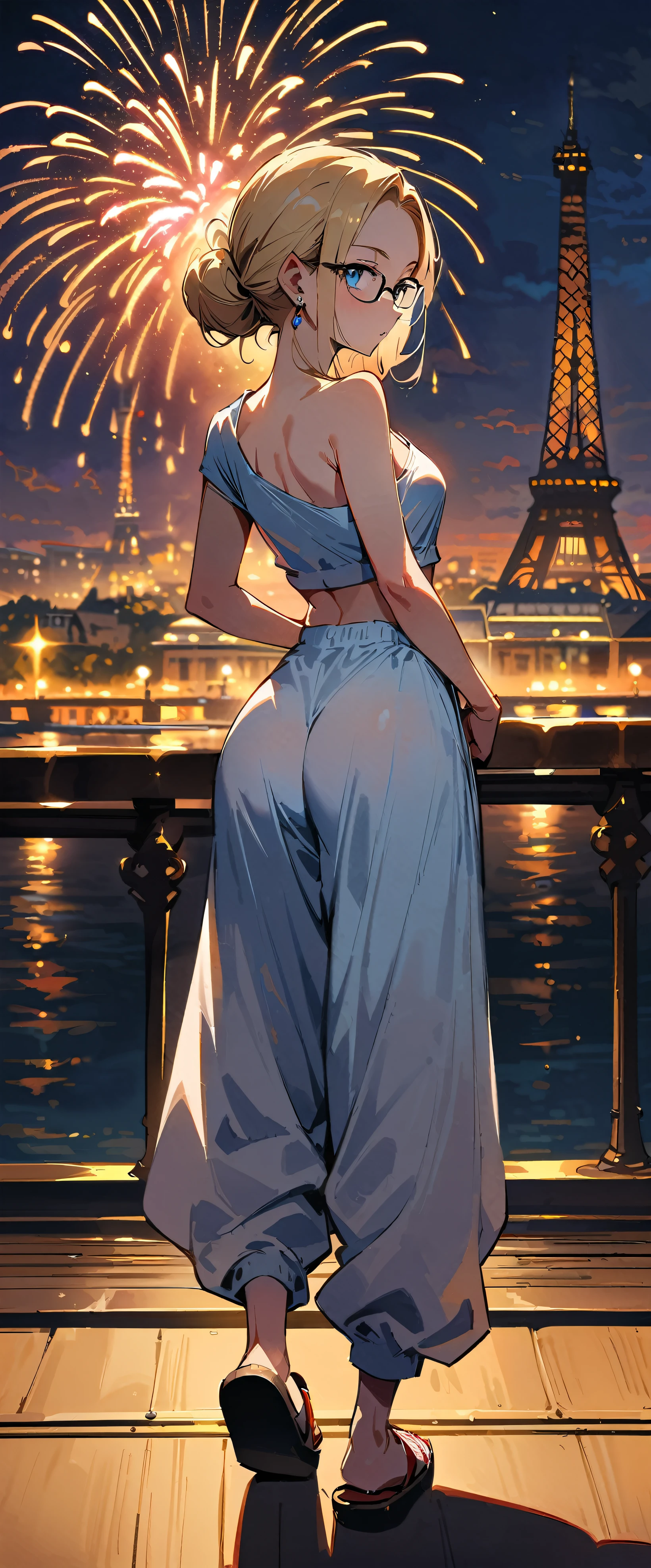 (masterpiece, best quality:1.2), full body, solo, Android 18 from Dragon Ball, wearing light gray pajamas, ((slip-on one-shoulder crop top)), (baggy pants), strings of thong underwear slightly visible, small breasts, blonde hair, (single hair bun), ((blue eyes)), ((wearing glasses)), earrings on earlobes, slender feminine figure, narrow waistline, skinny body, Japanese sandals, shot from behind, looking back, back view, light blush, arms behind back, backless crop top, standing on a cruise ship, cruising, the Seine, the Eiffel Tower, Paris, night, firework, magnificent view, blur background, 4K