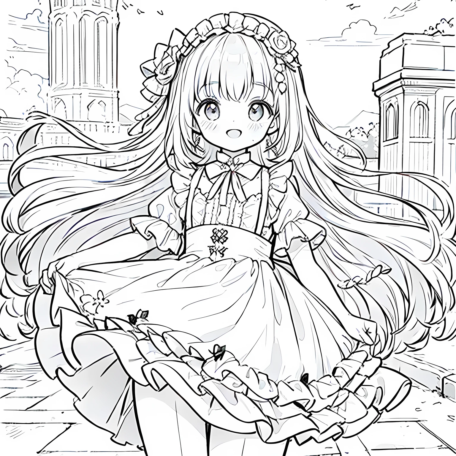 Line art background, background, Monochrome, Line art, ((sketch)),Highest , 2. Colorinochrome、 quality,masterpiece,monochrome,Lineart,single color,Create a detailed coloring page,（masterpiece）、(highest quality)、Young Girl、smile ,Monochrome,Lineart,Dark outlines
Black and white only,Clear background, masterpiece、 High resolution、Detailed Background、One Girl、Smiling face with open mouth、Beautifully detailed、Detail view、Intricate details、Delicate depiction、Pudding à la mode、Idol、cute、Frilled Apron、Lolita Dress、fluffy