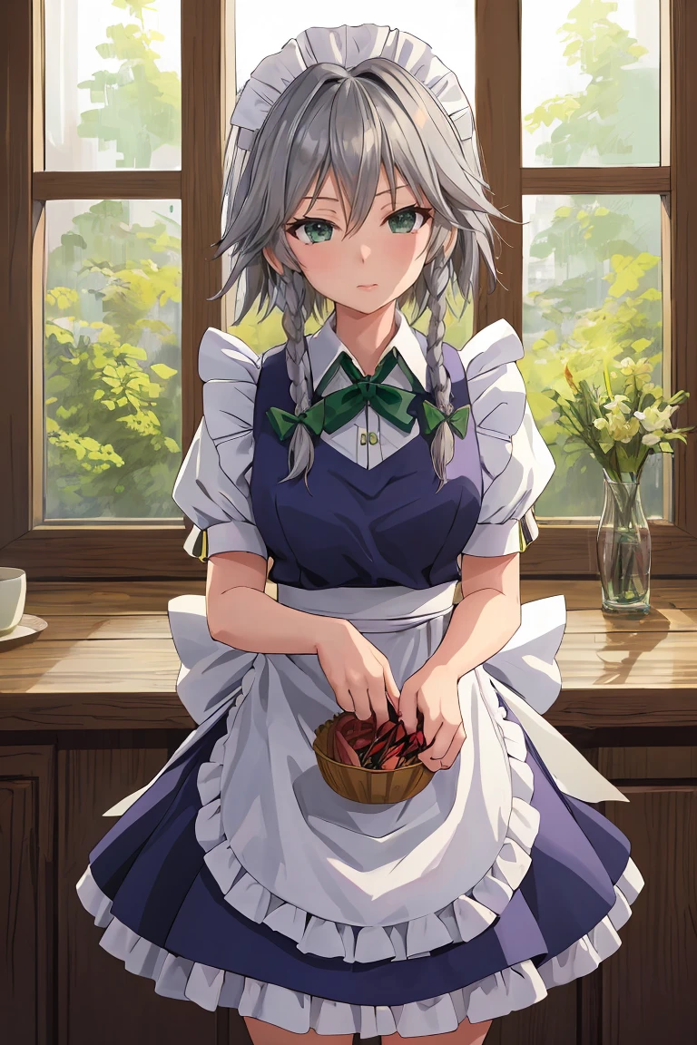 masterpiece:1.2, highest quality, ((Super detailed)), High resolution, 2D, Anime Style , photograph, photographgraphy, Detailed Background, alone, {Izayoi_Sakuya_East}, Braiding, twin_Braidings, Maid_Head ornament, short_hair, Maid, bow, gray_hair, hair_bow, 前hair, green_eye, ribbon, hair_between_eye,apron, Cowboy Shot,green_bow,Break many knives, Throw a lot of knives