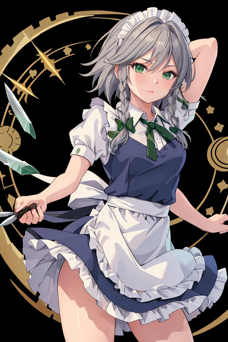 masterpiece:1.2, highest quality, ((Super detailed)), High resolution, 2D, Anime Style , photograph, photographgraphy, Detailed Background, alone, {Izayoi_Sakuya_East}, Braiding, twin_Braidings, Maid_Head ornament, short_hair, Maid, bow, gray_hair, hair_bow, 前hair, green_eye, ribbon, hair_between_eye,apron, Cowboy Shot,green_bow,Break many knives, Throw a lot of knives