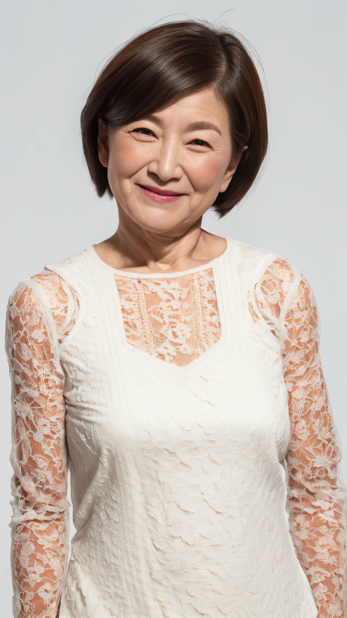 ((Grandmother)), (((Short Bob))), Late Elderly, Aged face, Perfect composition, ((Fractal Art)), (((masterpiece))), 8k, Clear images, (((alone))), (((Asian Beauty))), Pure white background, Natural Hair Color, Hands behind back, Refreshing early summer outfit, Alluring, ((Elderly)), Depict lips accurately,Red lips, Flashy makeup, (((alone))), (((Perfect Anatomy))), Depicting ears correctly, Pure white background, gravure, Upright posture, smile, ((Beautiful mature woman)), highest quality, Very detailed, Realistic, Very detailed細なスキン, (Madame), (The corners of the mouth are turned up), 120 years old, Huge breasts, Mature Politician, Glamour, sexy, Pure white skin, Natural hairstyle, Comfortable clothing,